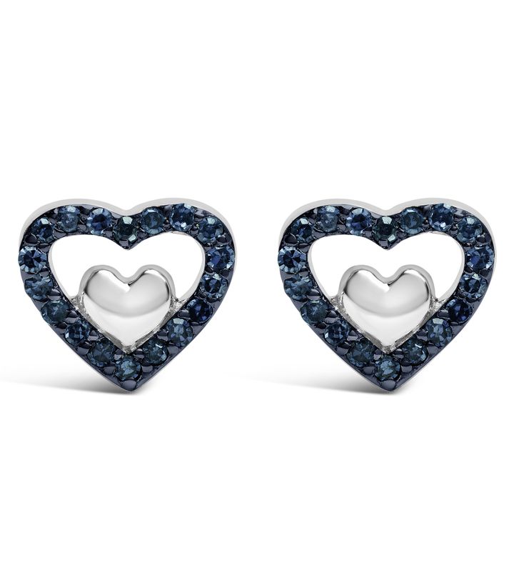 .925 Sterling Silver 1/6 Cttw Blue Diamond Open Double Heart Stud Earrings