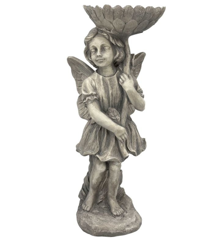 Grey Resin Fairy Flower Bird Feeder Garden Statue 25"
