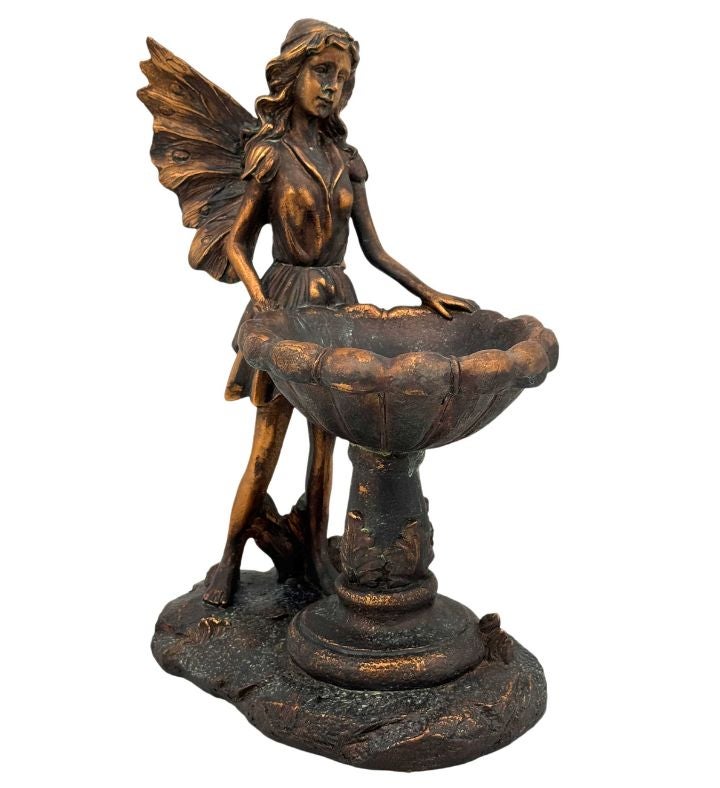 Bronze Finish Resin Fairy Bird Feeder Garden Statue 14"