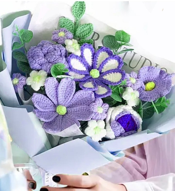 Crochet Purple Tulip Rose Flowers Bouquet