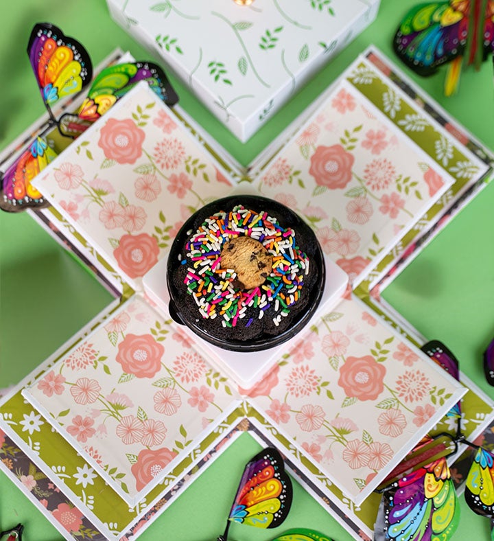 Chocolate Cake Bloom Box With Happy Birthday Spinning Music Stand