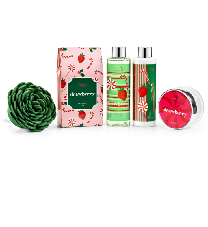 Elegant Modern Strawberry Bath and Body Gift Set in a Natural Wood Curio