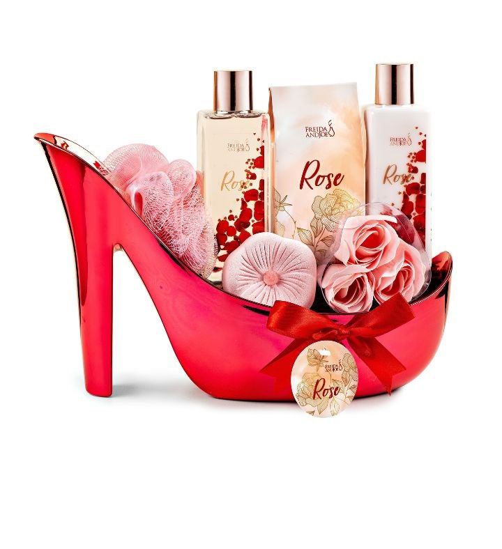 Elegant 9 piece Rose Bath Set Red High Heel Shoe Luxurious Spa Gift