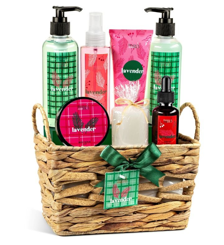 Lavender 9 Pc Bath & Body Spa Gift Set for Women in A Wicker Basket