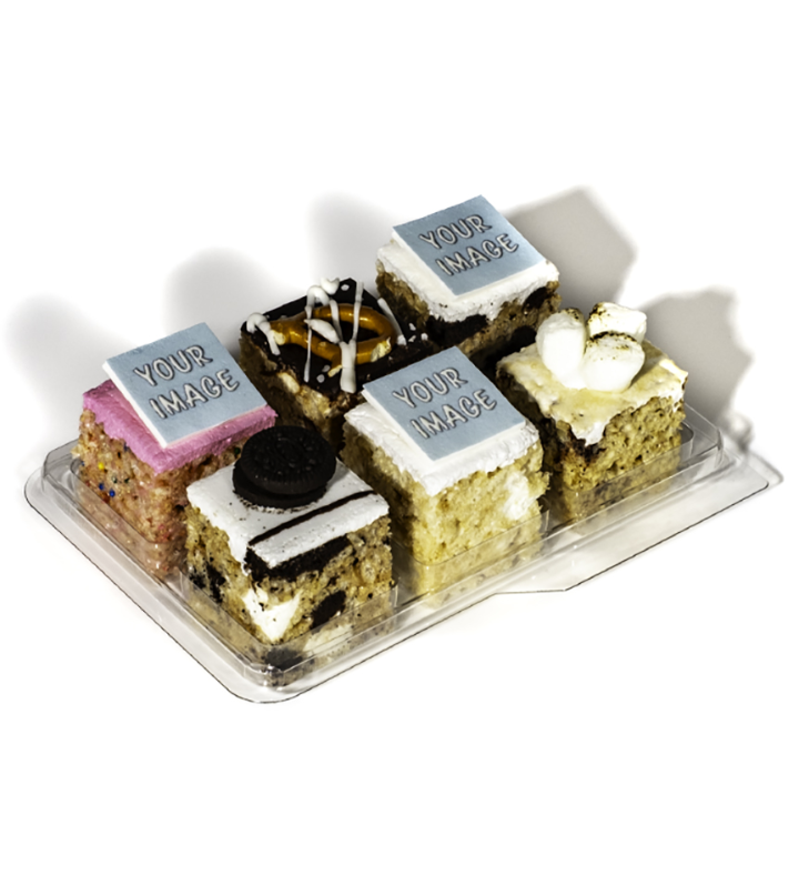 Six Pack Of Assorted Handmade Rice Krispie Treats With Three Custom Logos