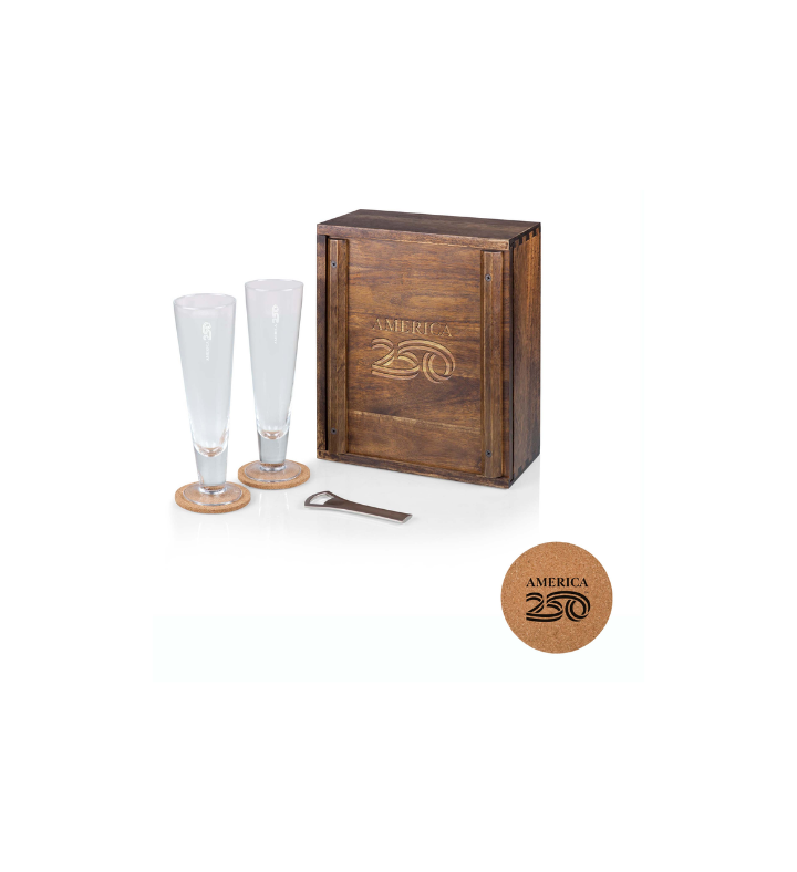 America250   Pilsner Beer Glass Gift Set,  acacia Wood