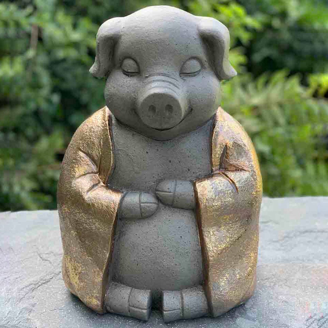 14 Grey And Golden Polyresin Pig