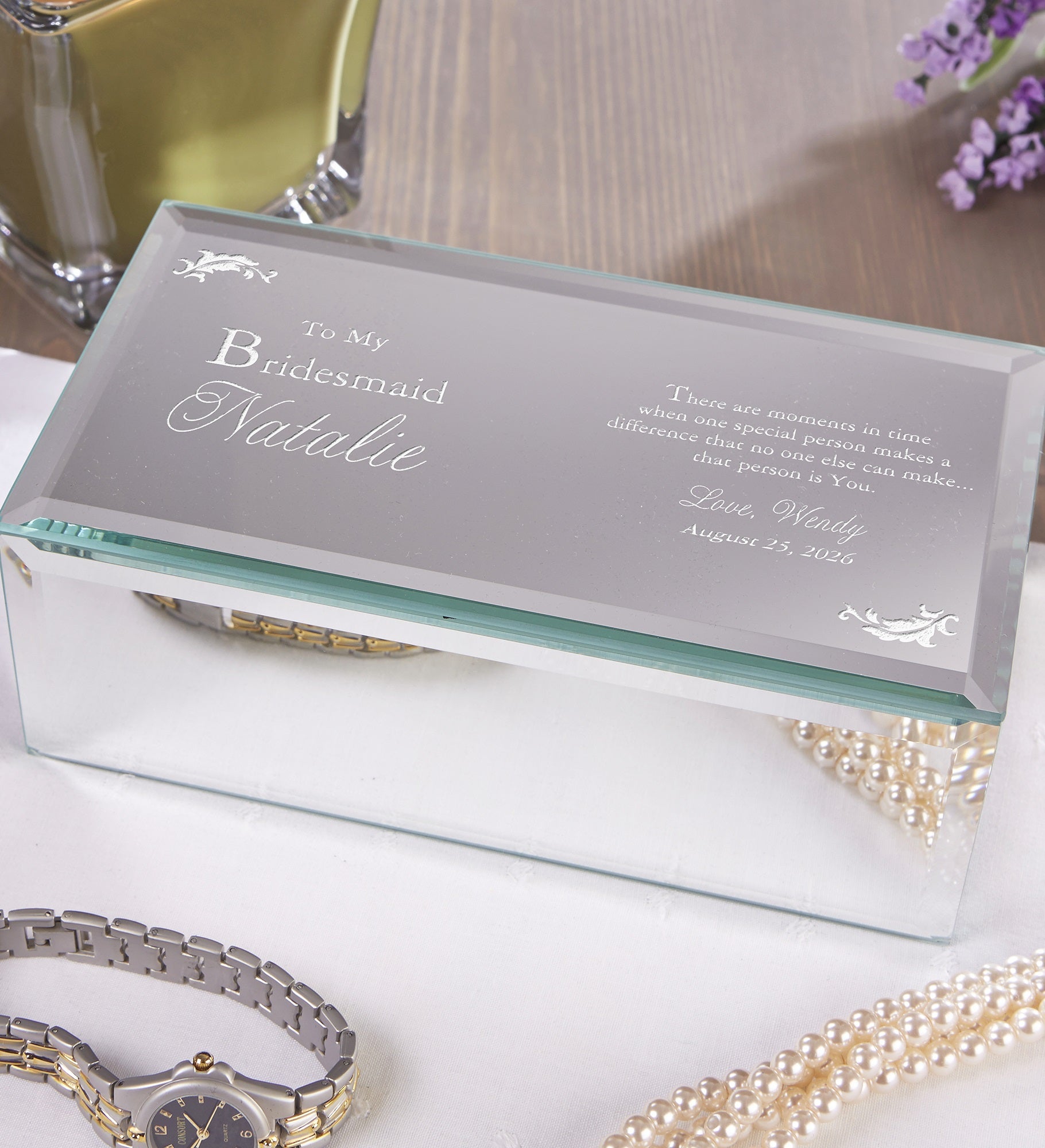 To My Bridesmaid Engraved Mirrored Jewelry Box