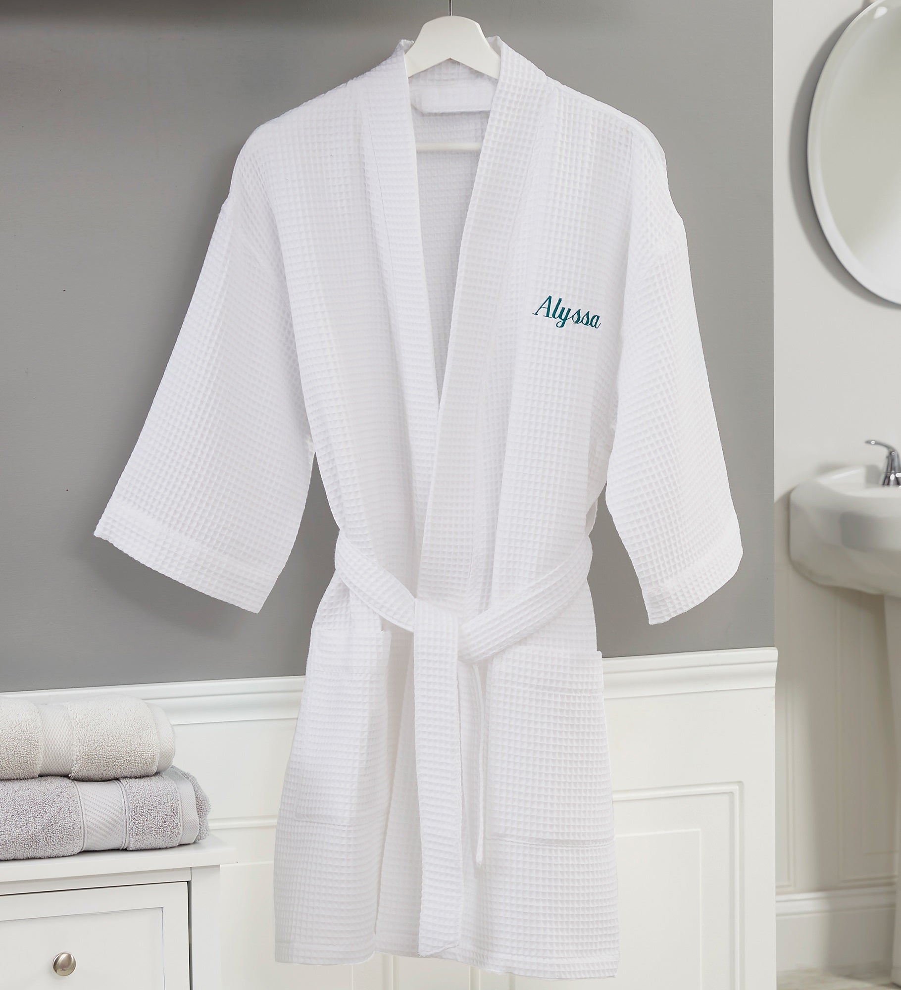 Embroidered Waffle Weave Kimono Robes