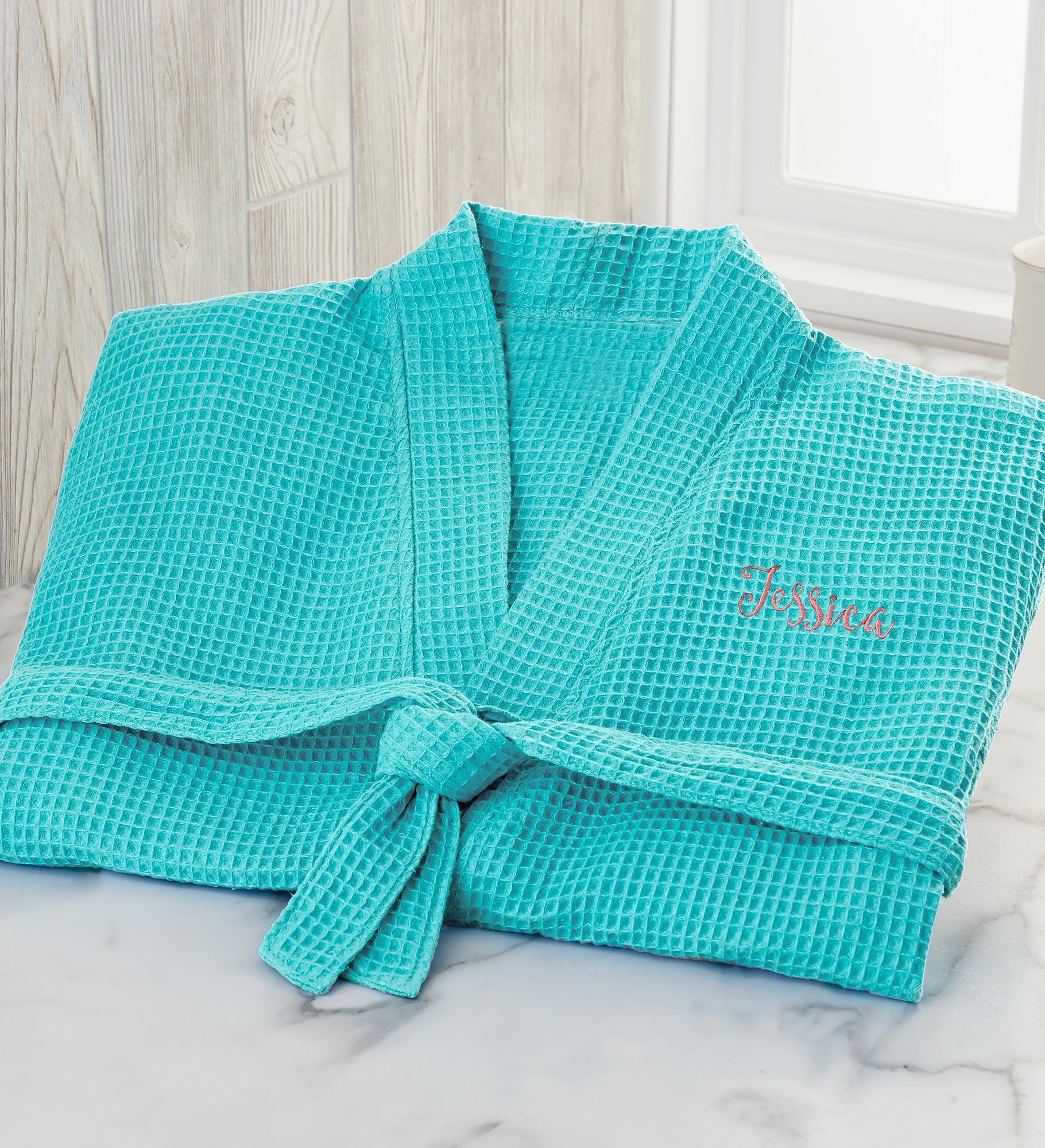 Embroidered Waffle Weave Kimono Robes