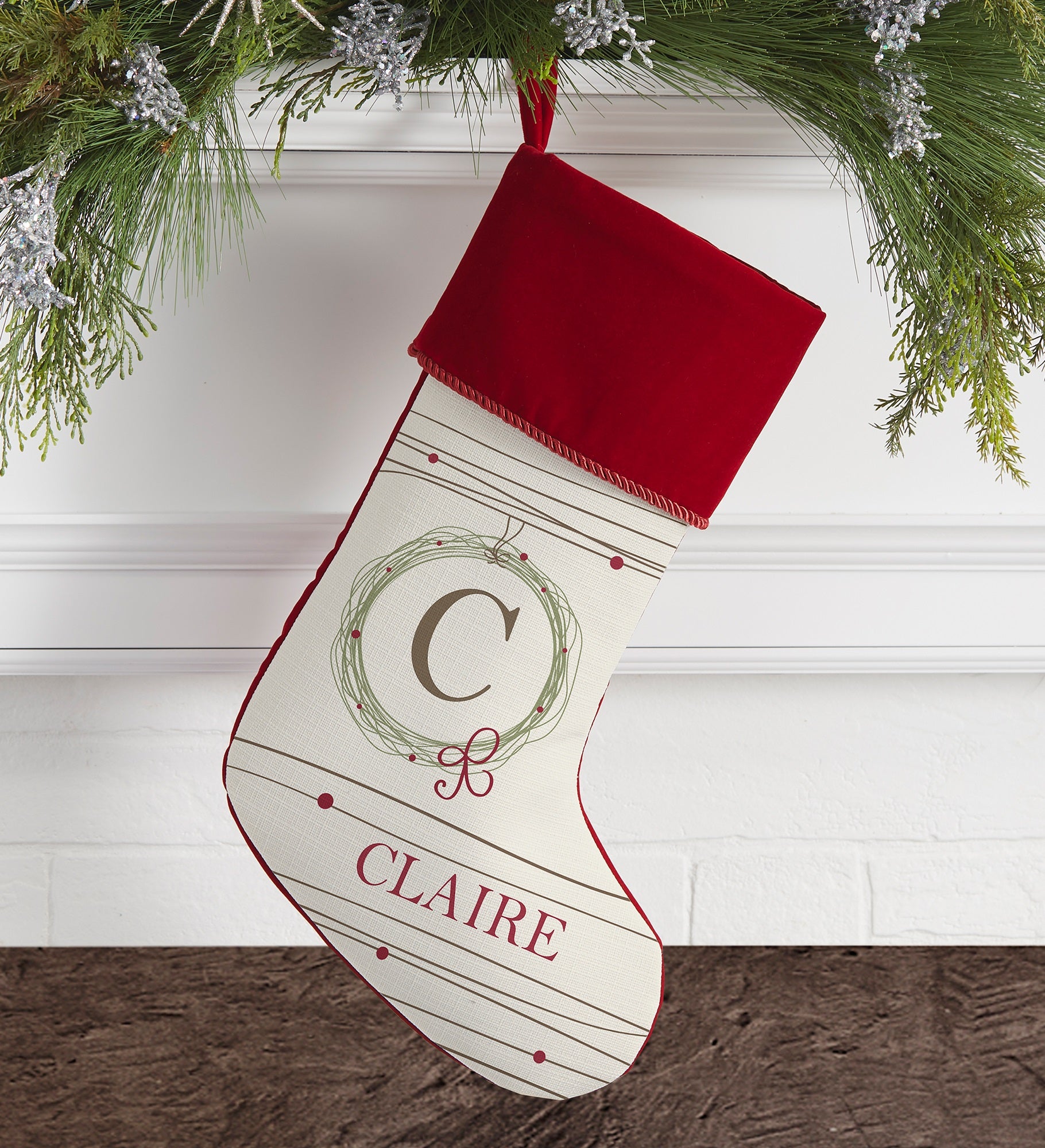 Holiday Wreath Monogrammed Christmas Stockings