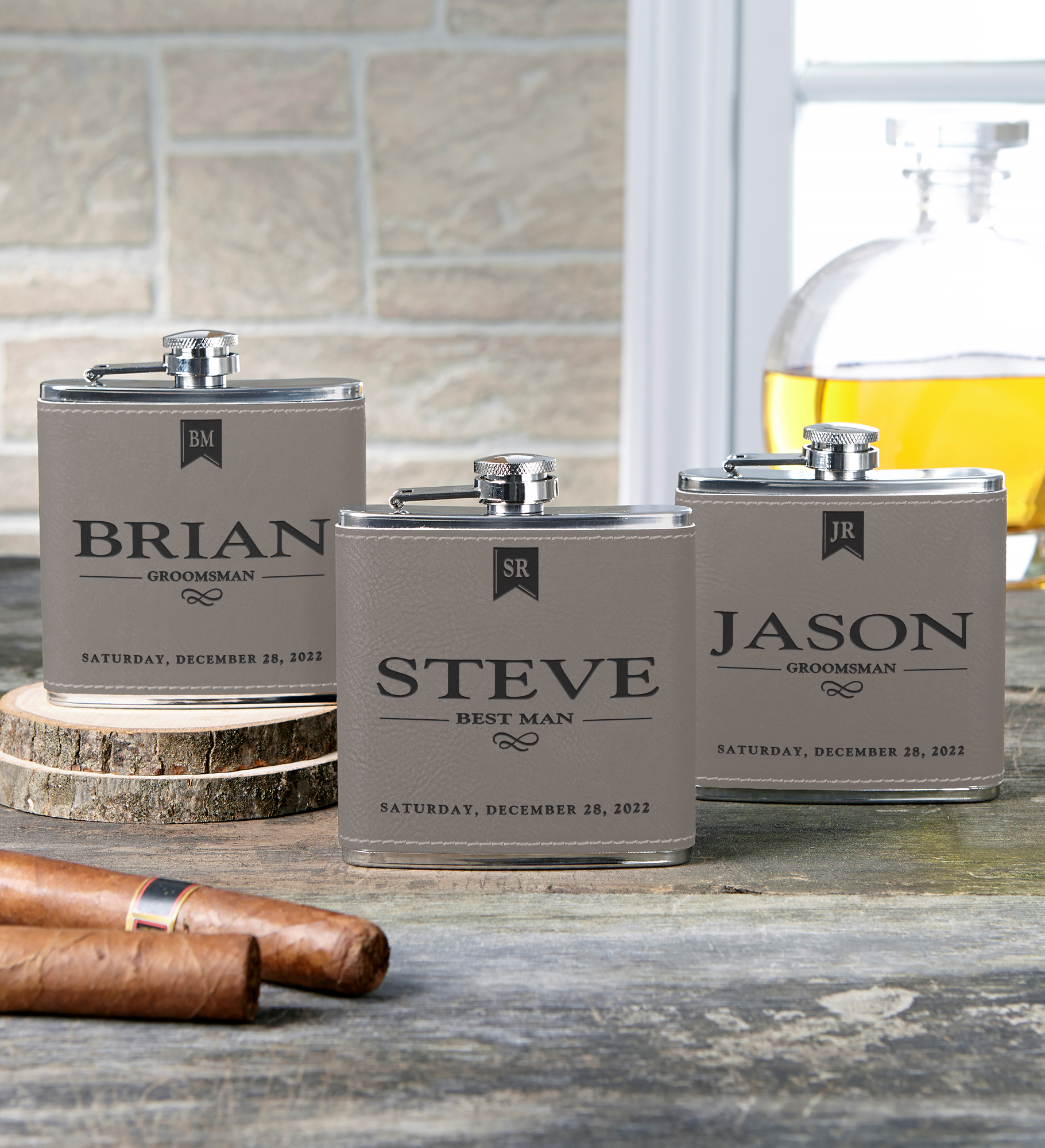 Groomsman Grey Leatherette 6 oz. Personalized Flask