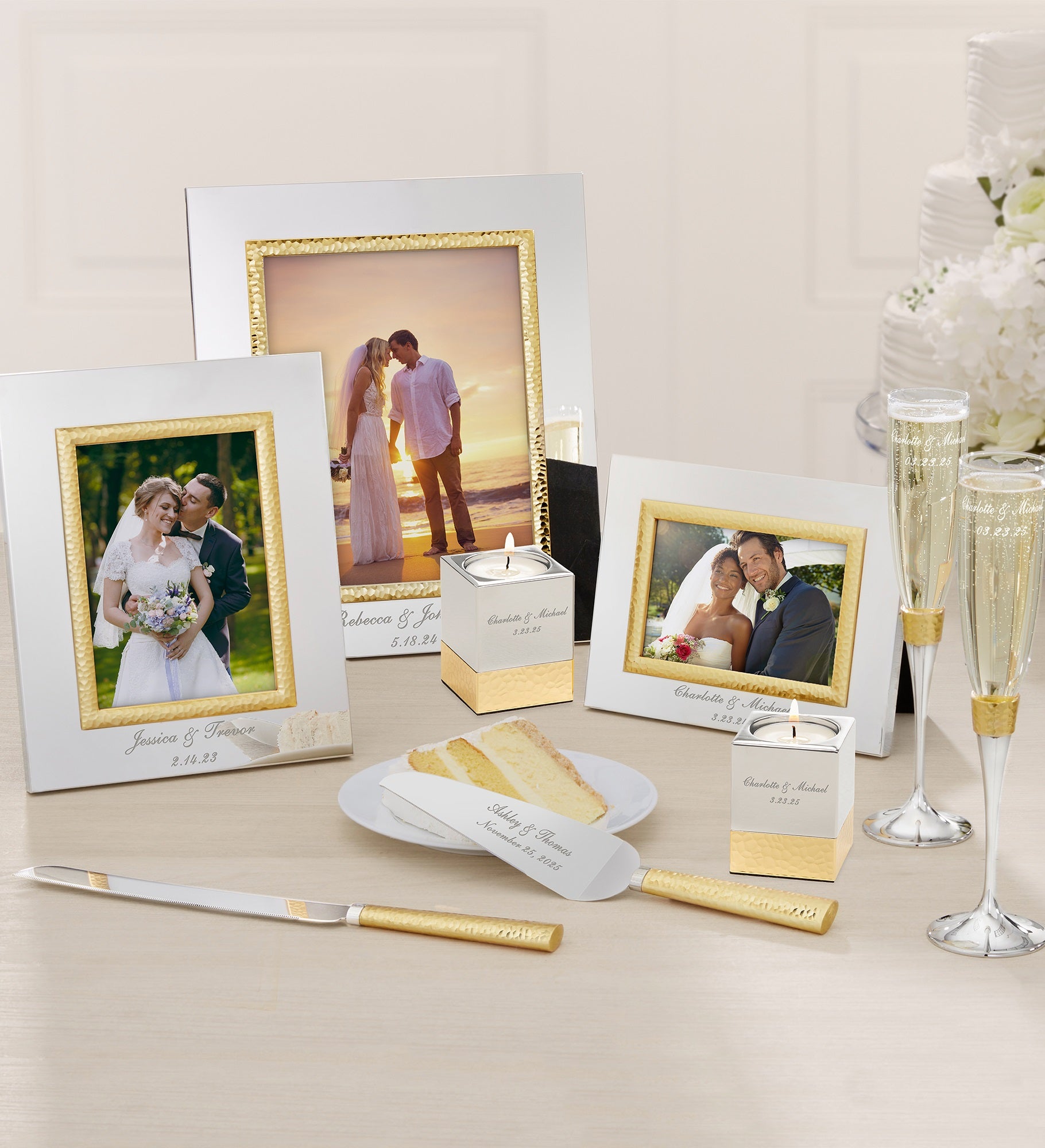 Gold Hammered Engraved Wedding Champagne Flute Set