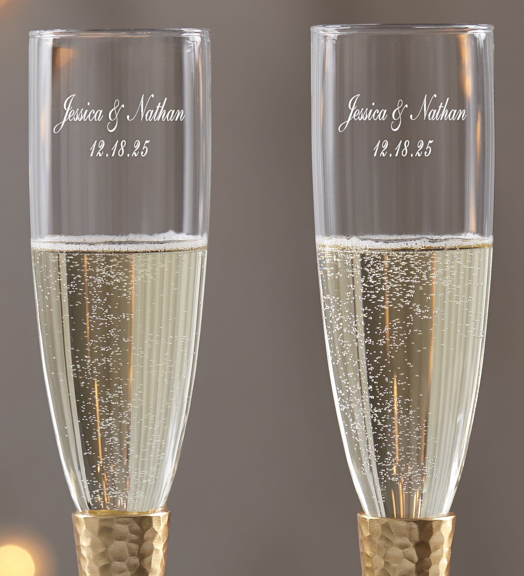 Gold Hammered Engraved Wedding Champagne Flute Set