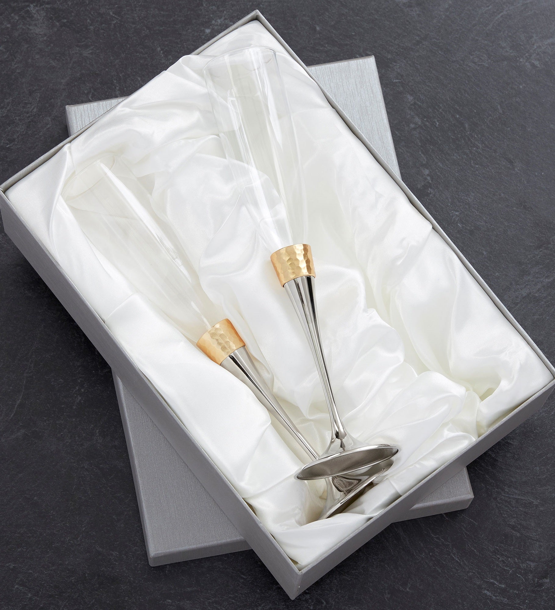 Gold Hammered Engraved Wedding Champagne Flute Set