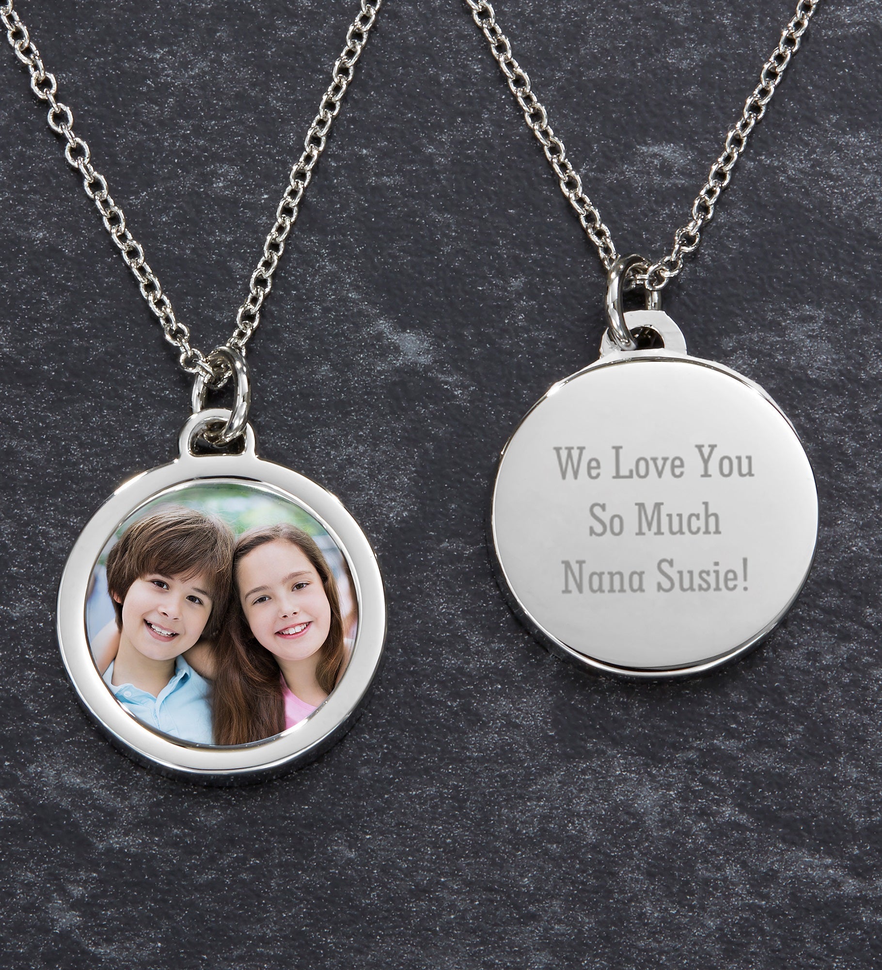 Grandma's Engraved Round Photo Pendant Necklace