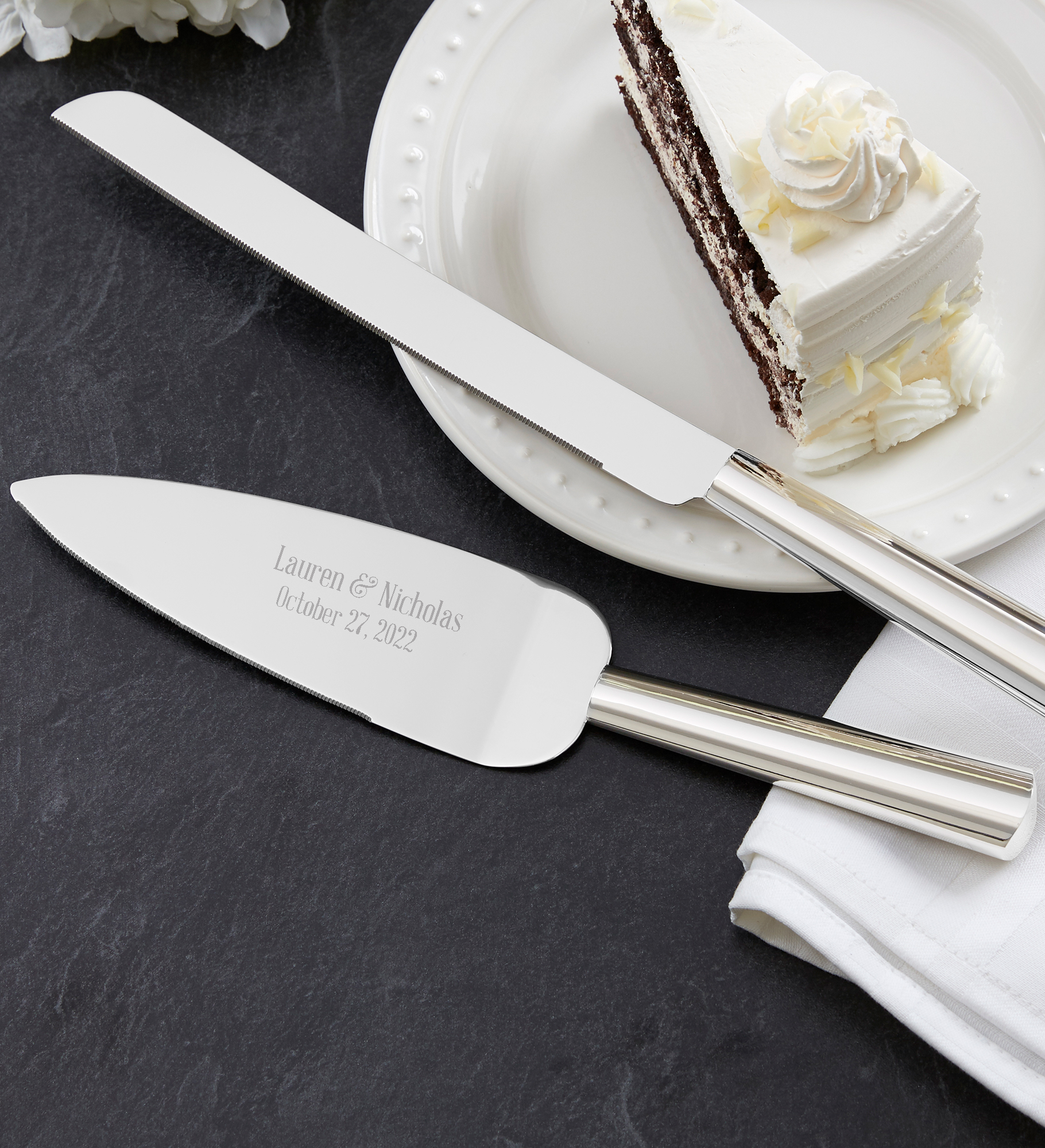 Modern Wedding Engraved Cake Knife & Server Set