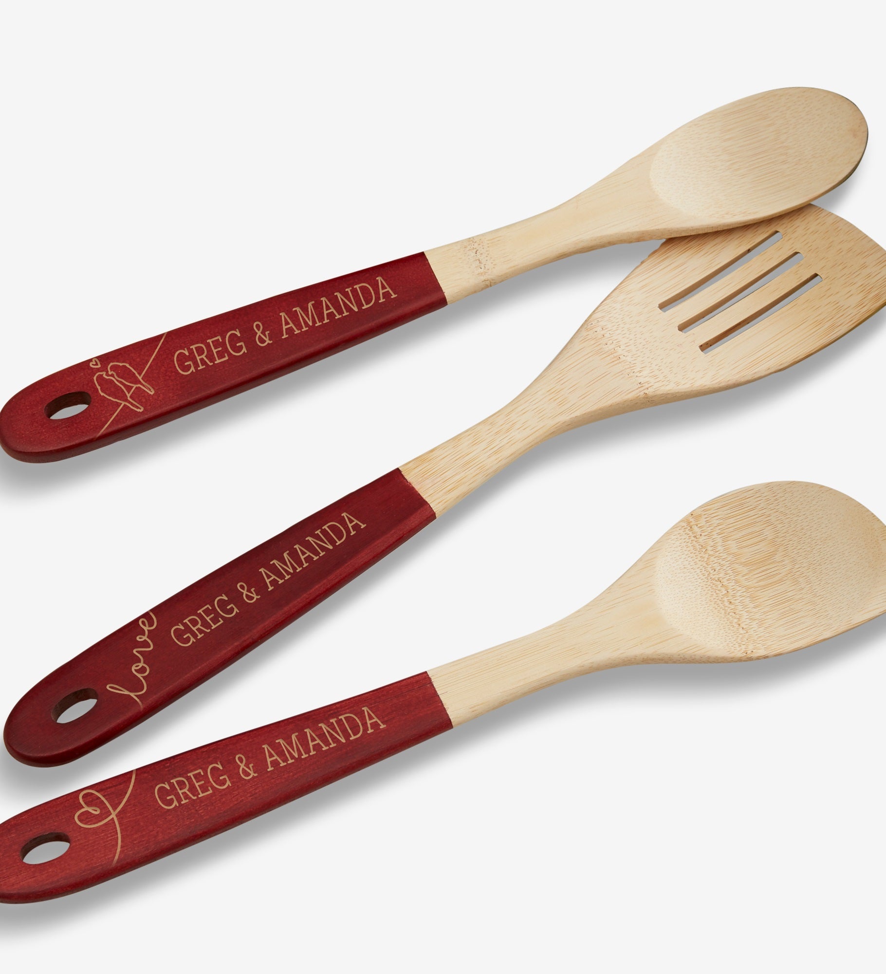 Lovebirds Personalized Red-Handled Bamboo Cooking Utensils- 3pc Set