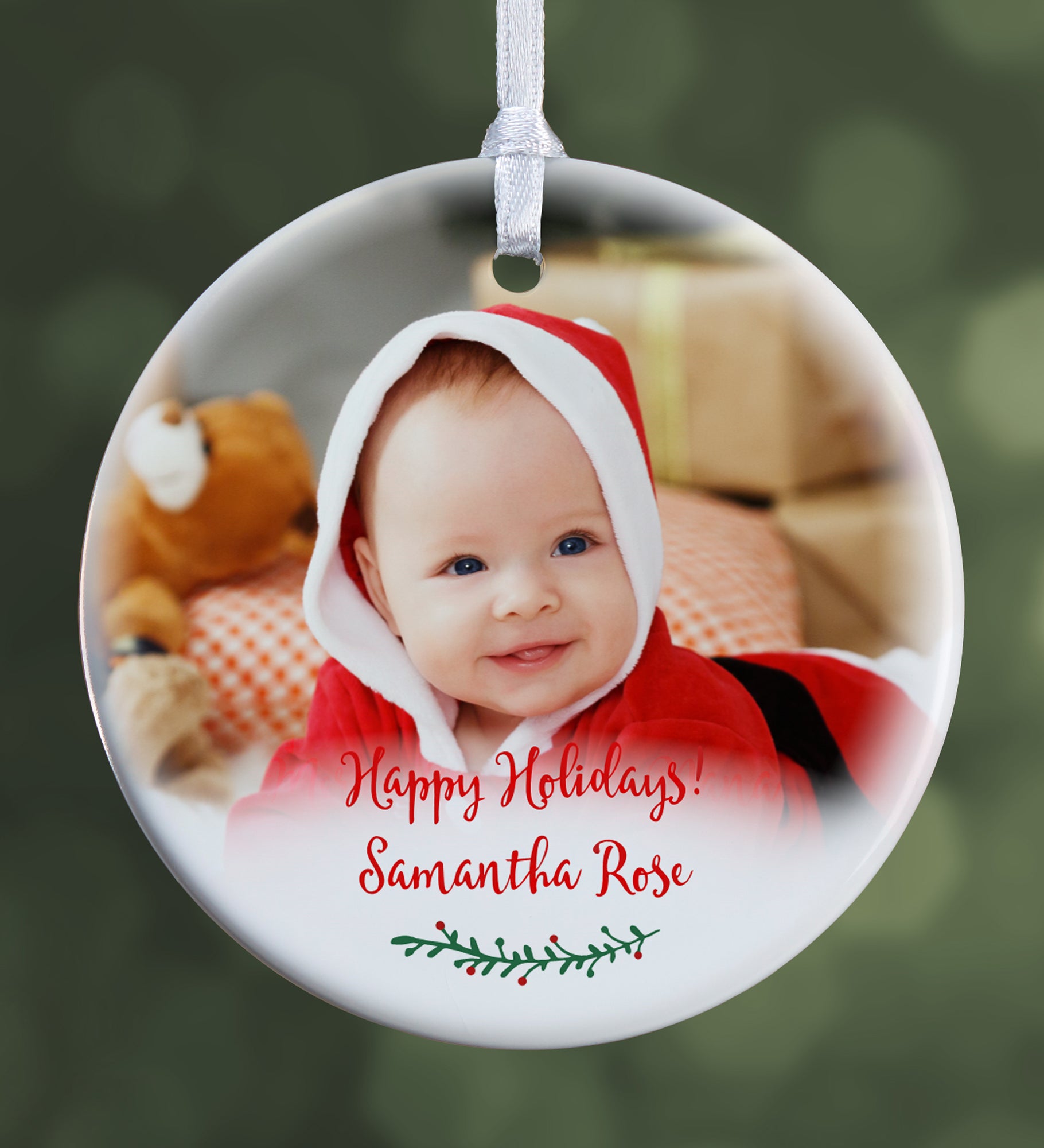 Holly Branch Personalized Baby Photo Ornament