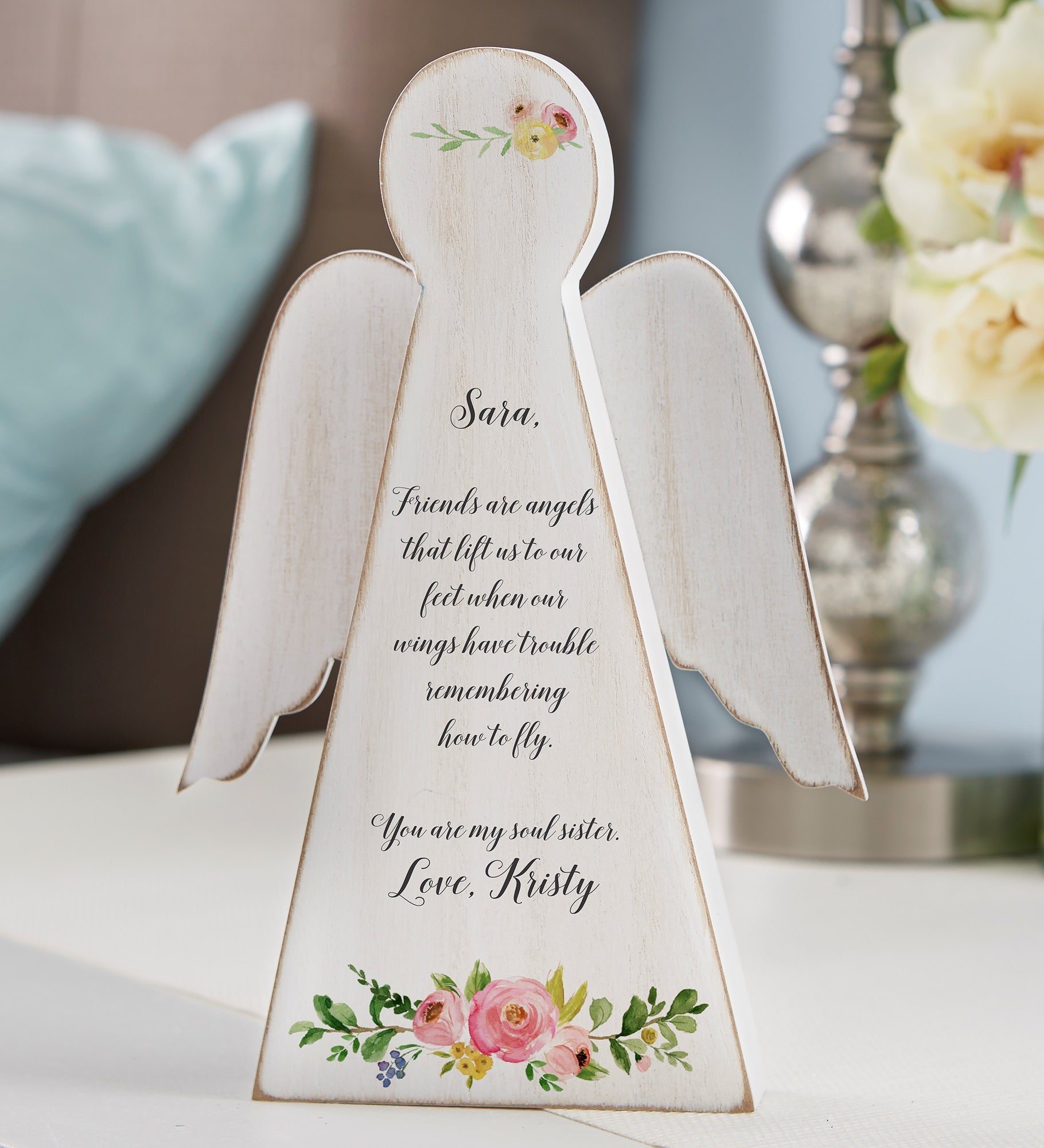 Write Your Own Floral Friendship Personalized Wood Angel