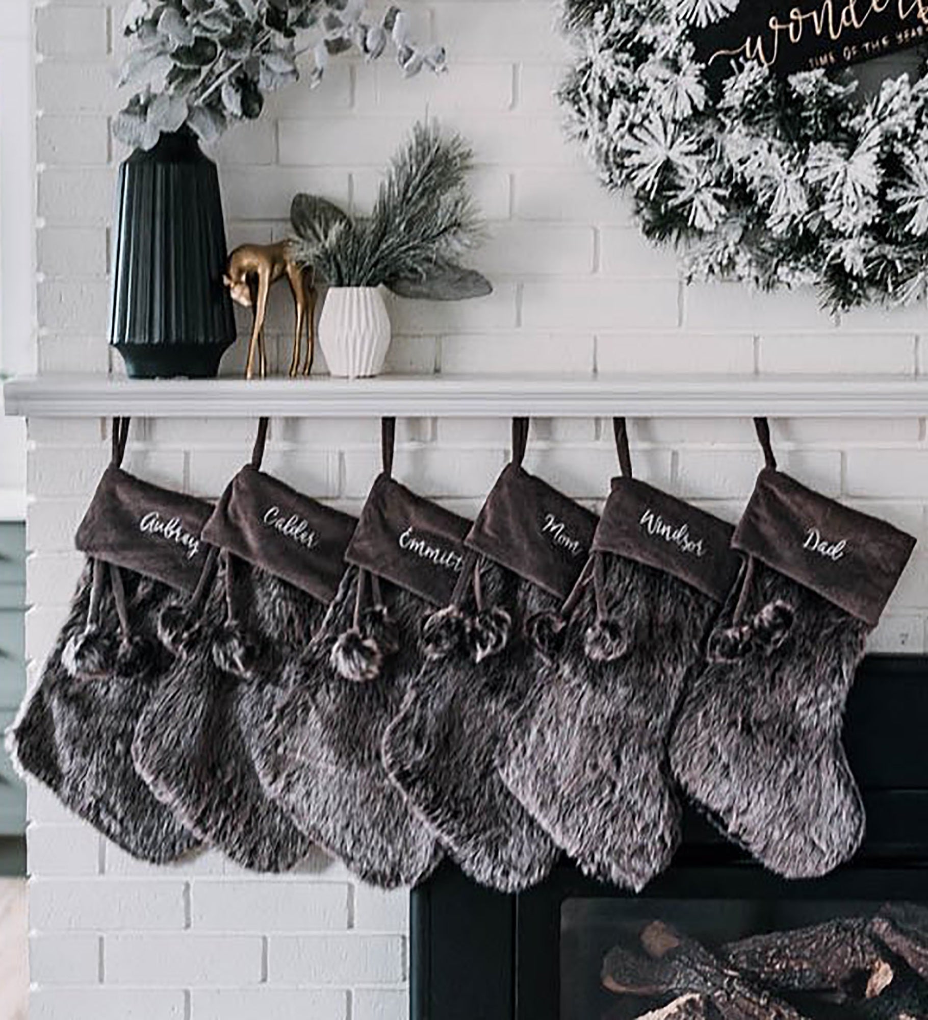 Embroidered Faux Fur Christmas Stockings