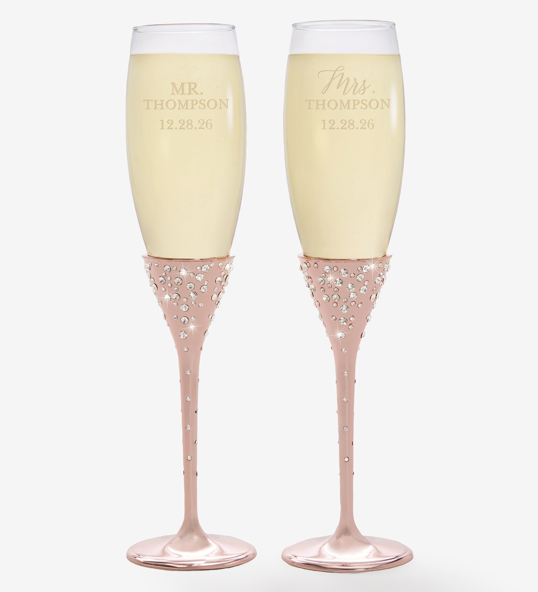 Radiant Rose Gold Etched Wedding Champagne Flute Set