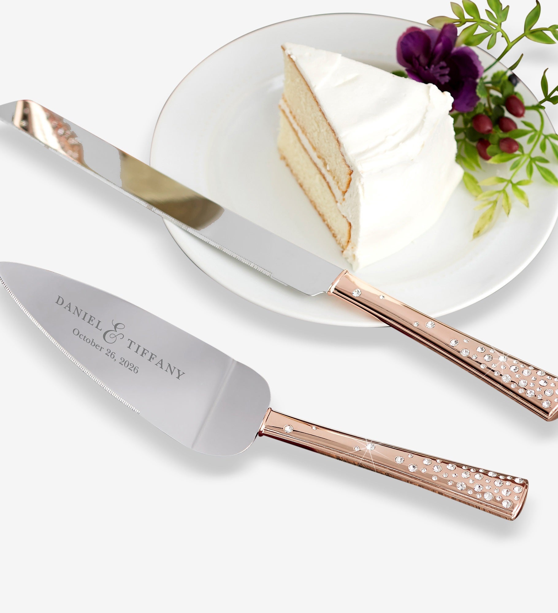 Rose Gold Engraved Cake Knife & Server Set