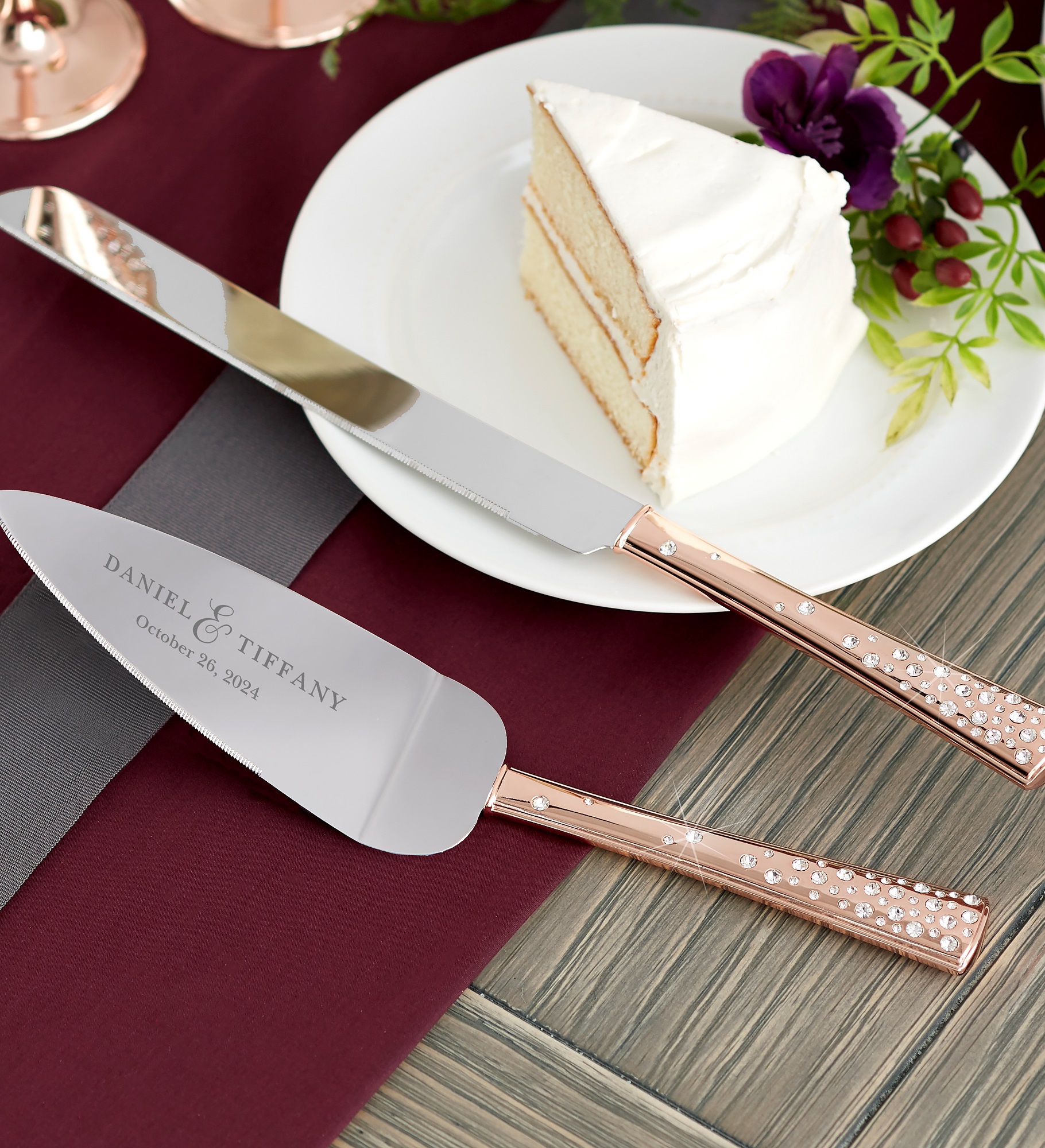 Rose Gold Engraved Cake Knife & Server Set