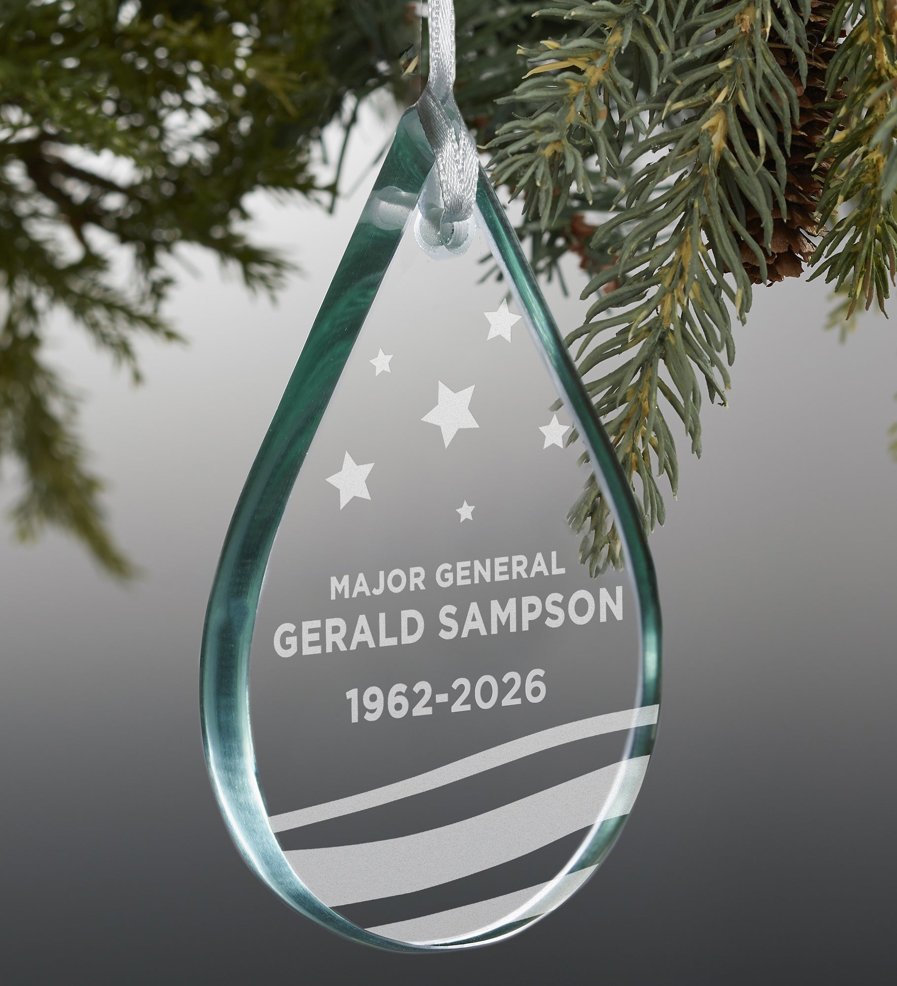 Military Memorial Teardrop Engraved Glass Ornament