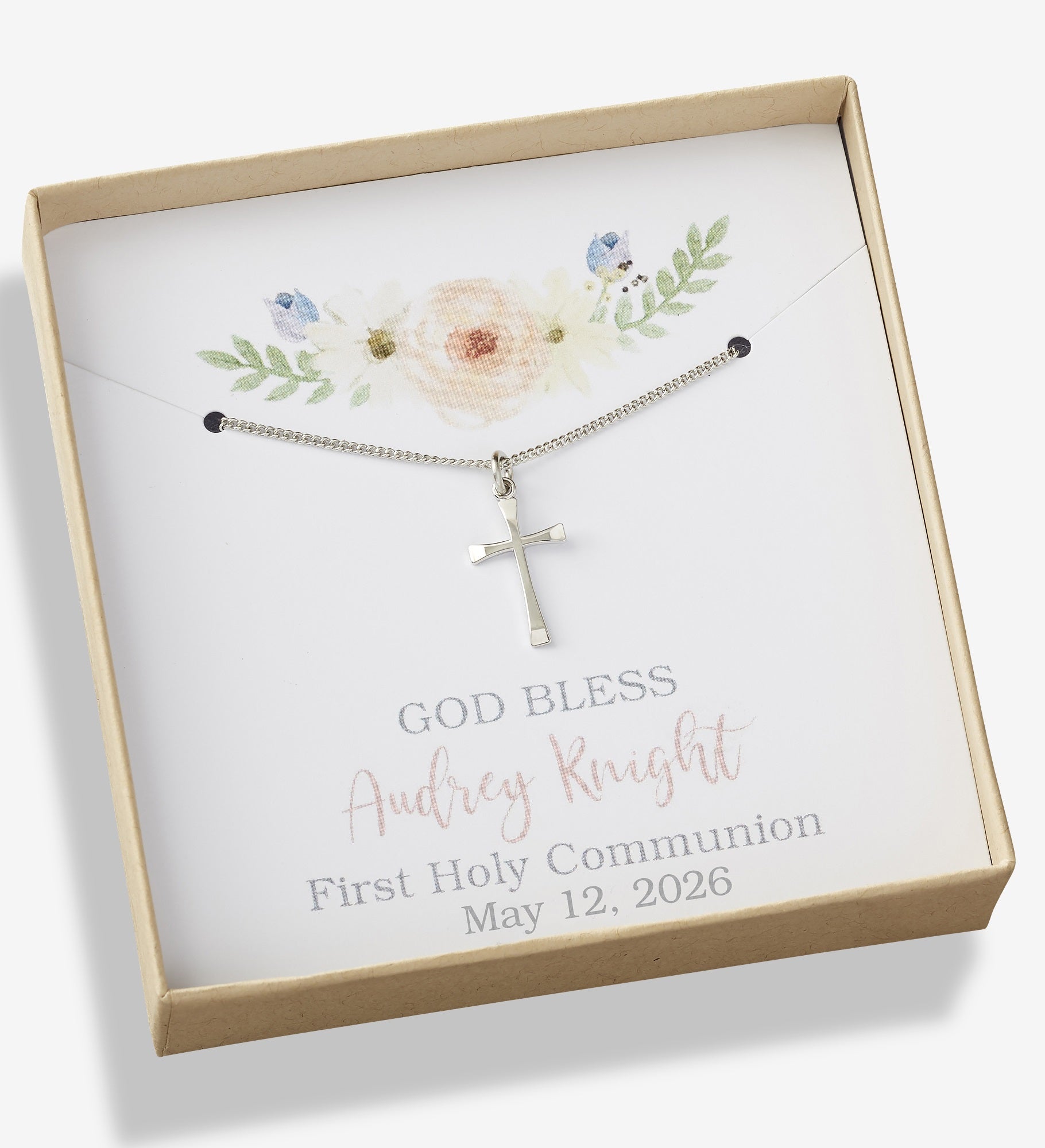 First Communion Cross Necklace With Personalized Message Card