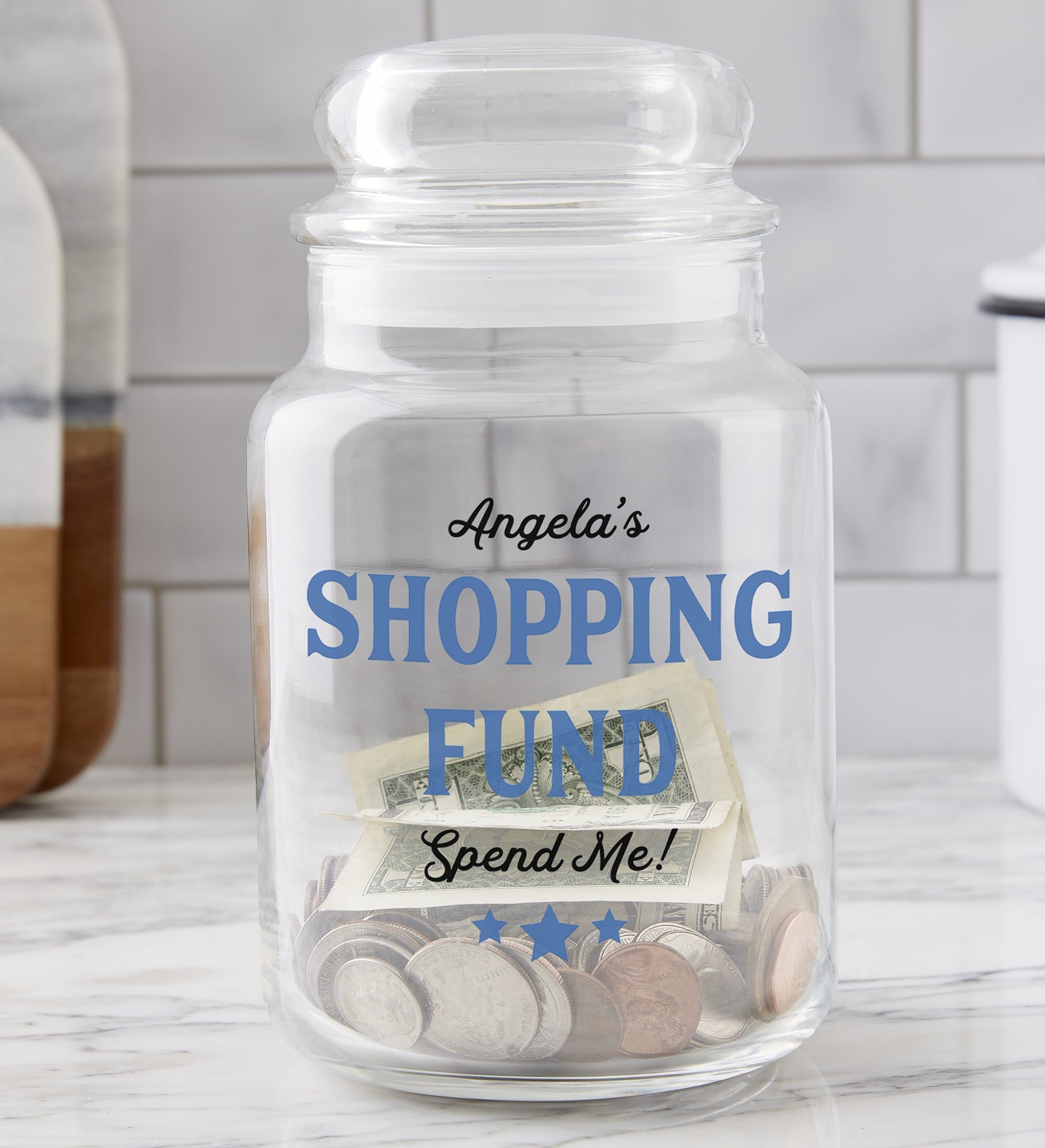 Shopping Fund Personalized Glass Money Jar
