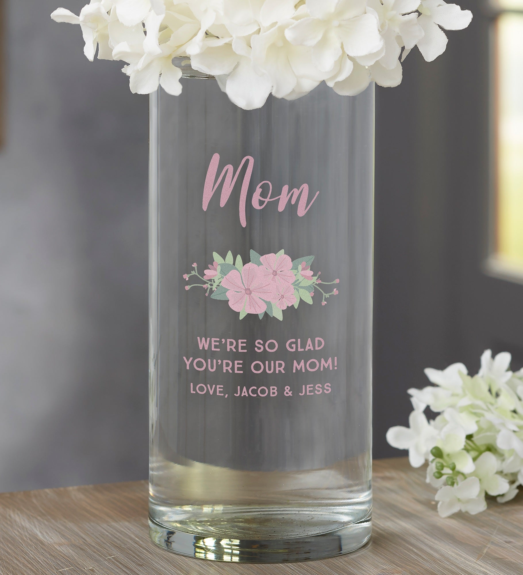 Floral Special Message Personalized Cylinder Glass Vase for Mom