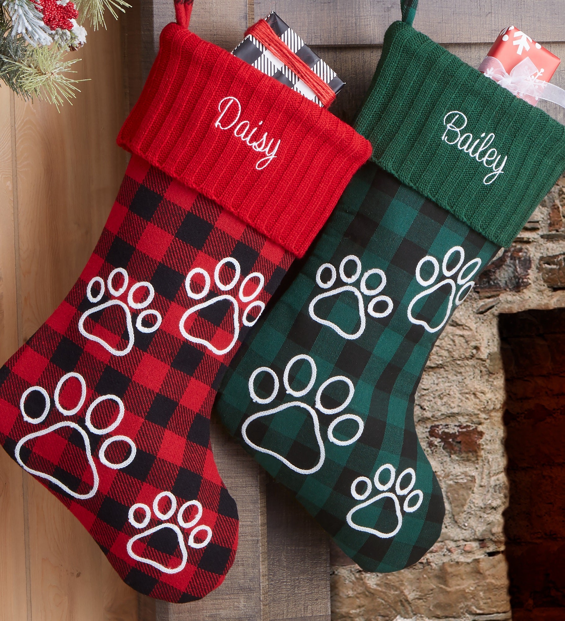 Buffalo Check Paw Prints Personalized Dog Christmas Stockings