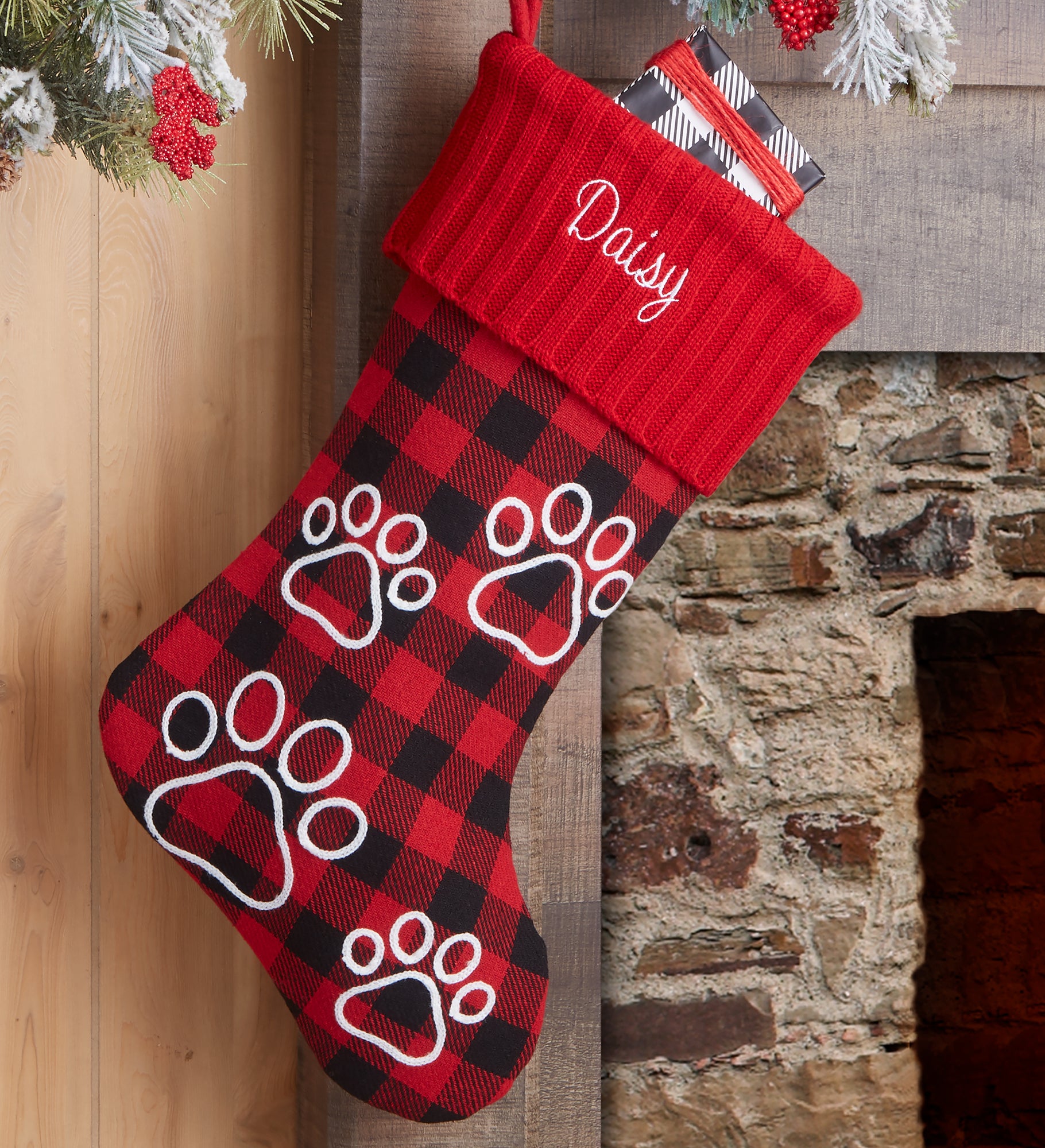 Buffalo Check Paw Prints Personalized Dog Christmas Stockings