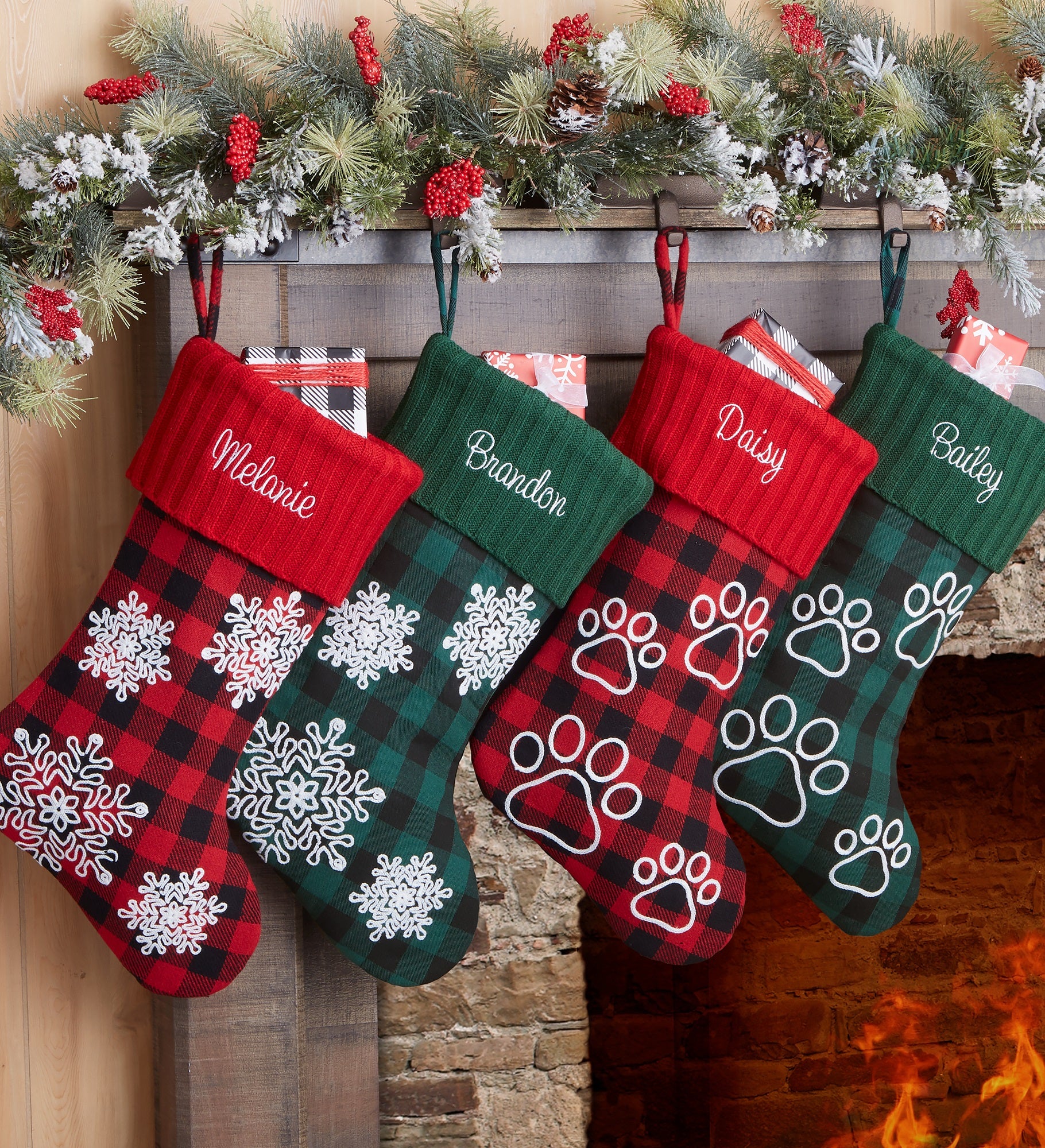 Buffalo Check Paw Prints Personalized Dog Christmas Stockings