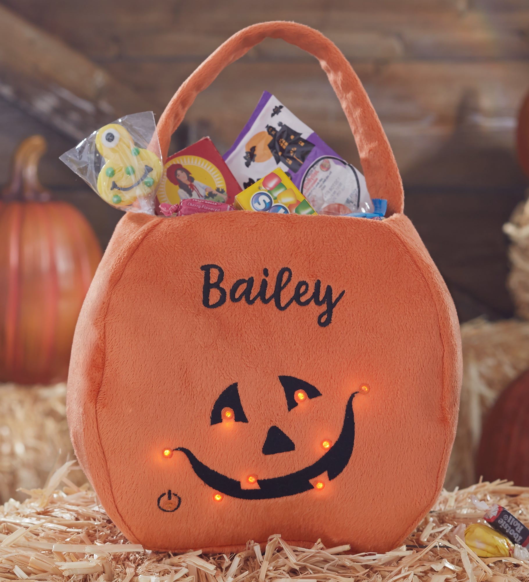 Light Up LED Pumpkin Embroidered Plush Treat Bag