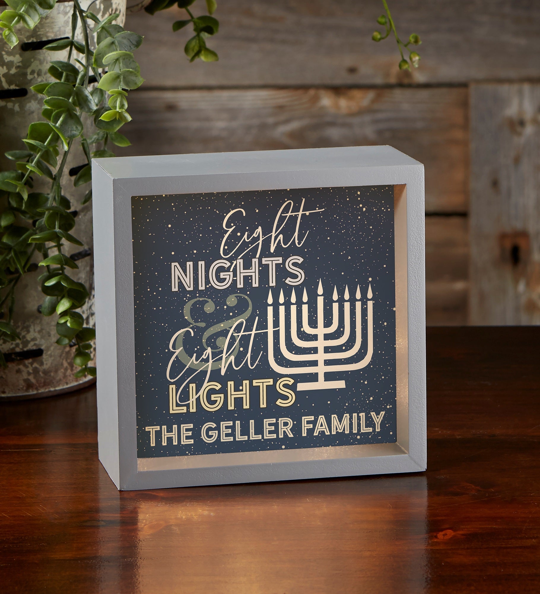 Eight Nights &amp; Eight Lights Personalized LED Light Hanukkah Shadow Box