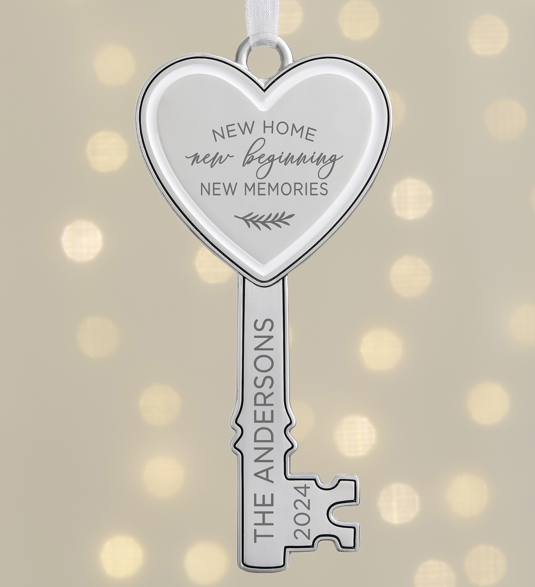 New Home, New Memories Personalized Silver Key Ornament