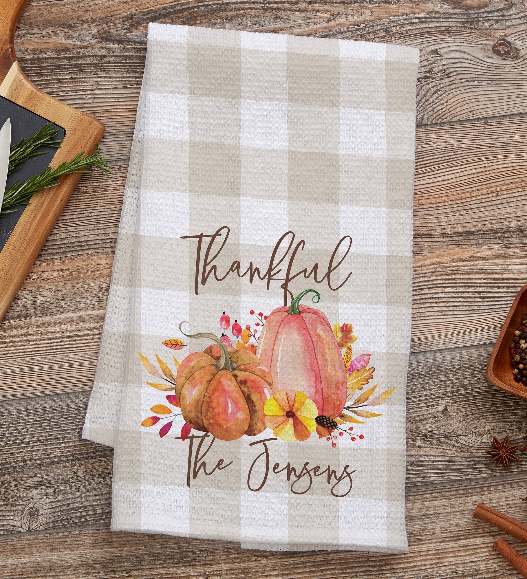 Autumn Watercolors Personalized Waffle Weave Kitchen Towel