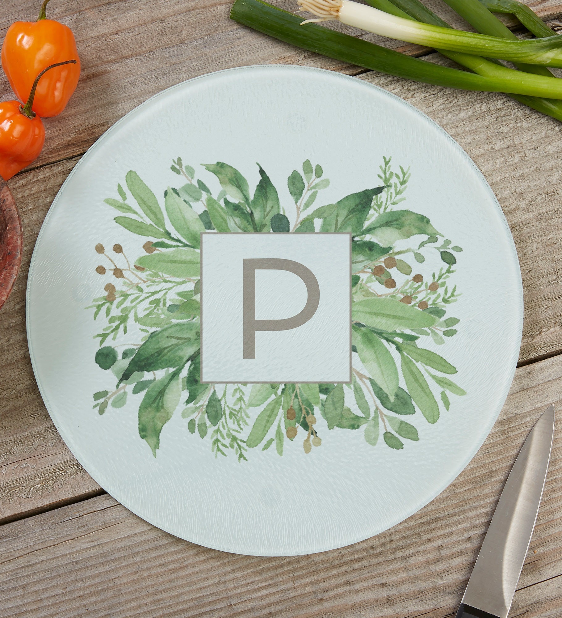 Greenery Monogram Personalized Round Glass Cutting Boards