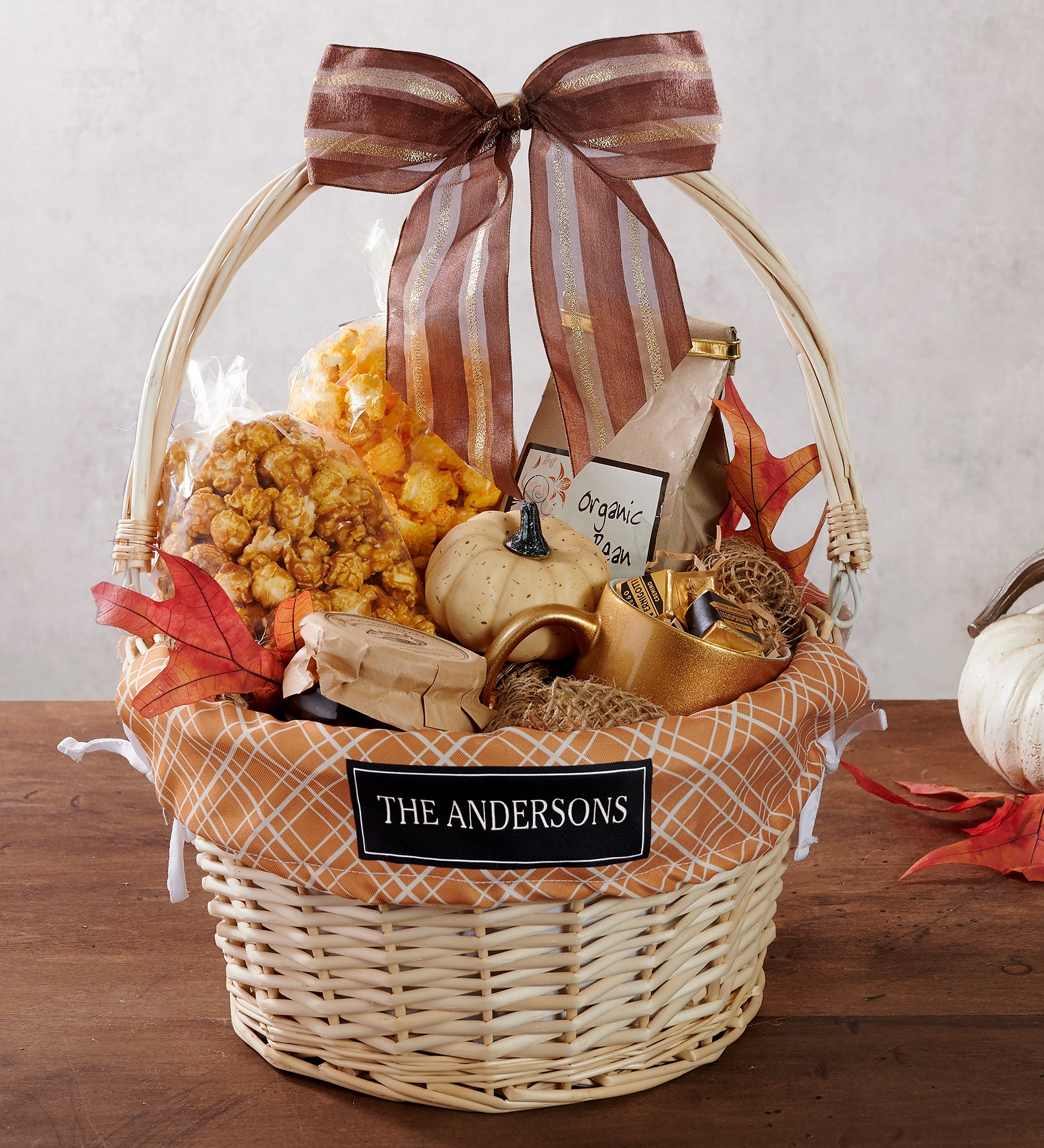 Custom Printed Fall Pattern Personalized Gift Basket with Drop Down Handle