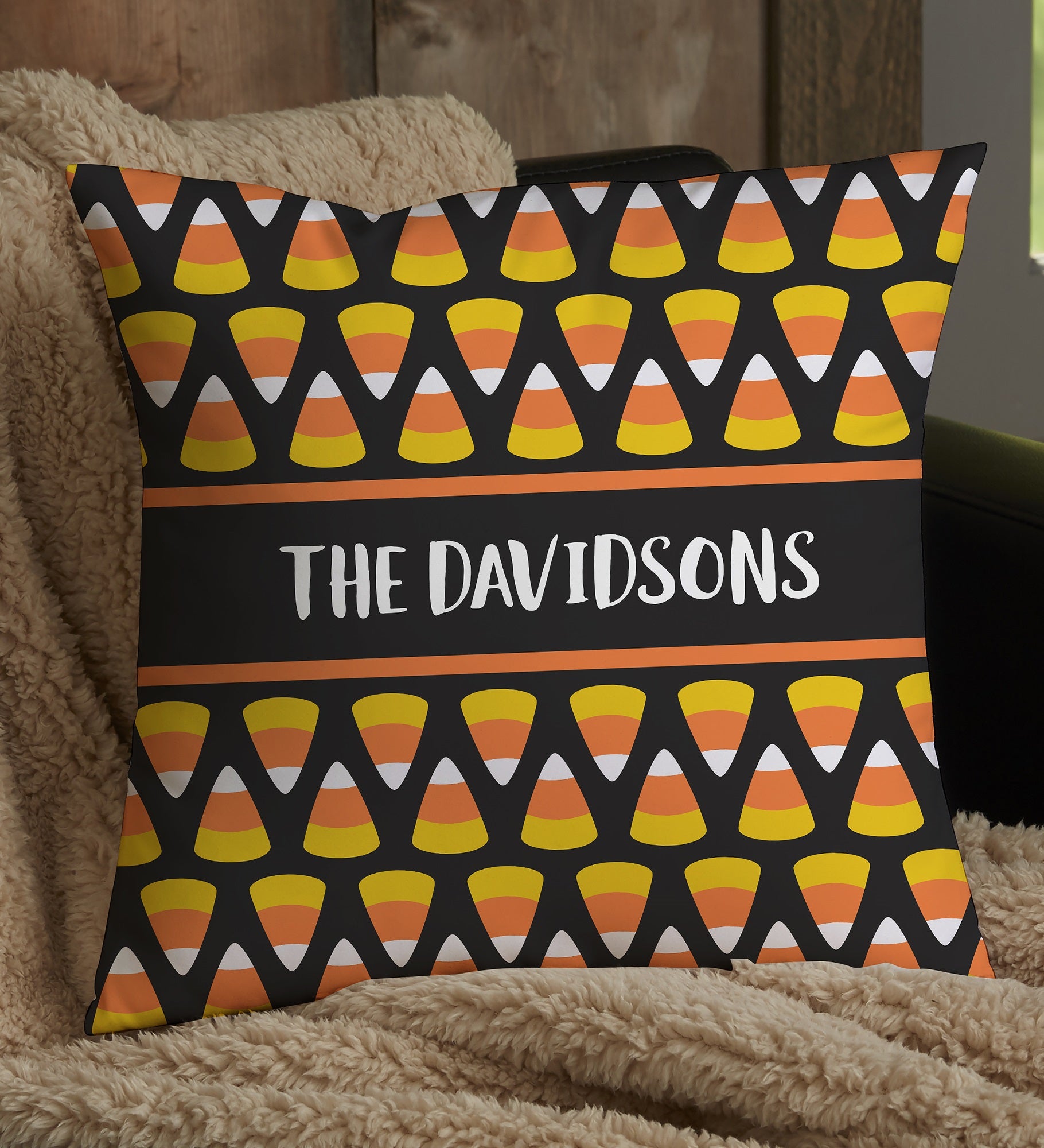 Candy Corn Family Personalized Halloween Throw Pillows