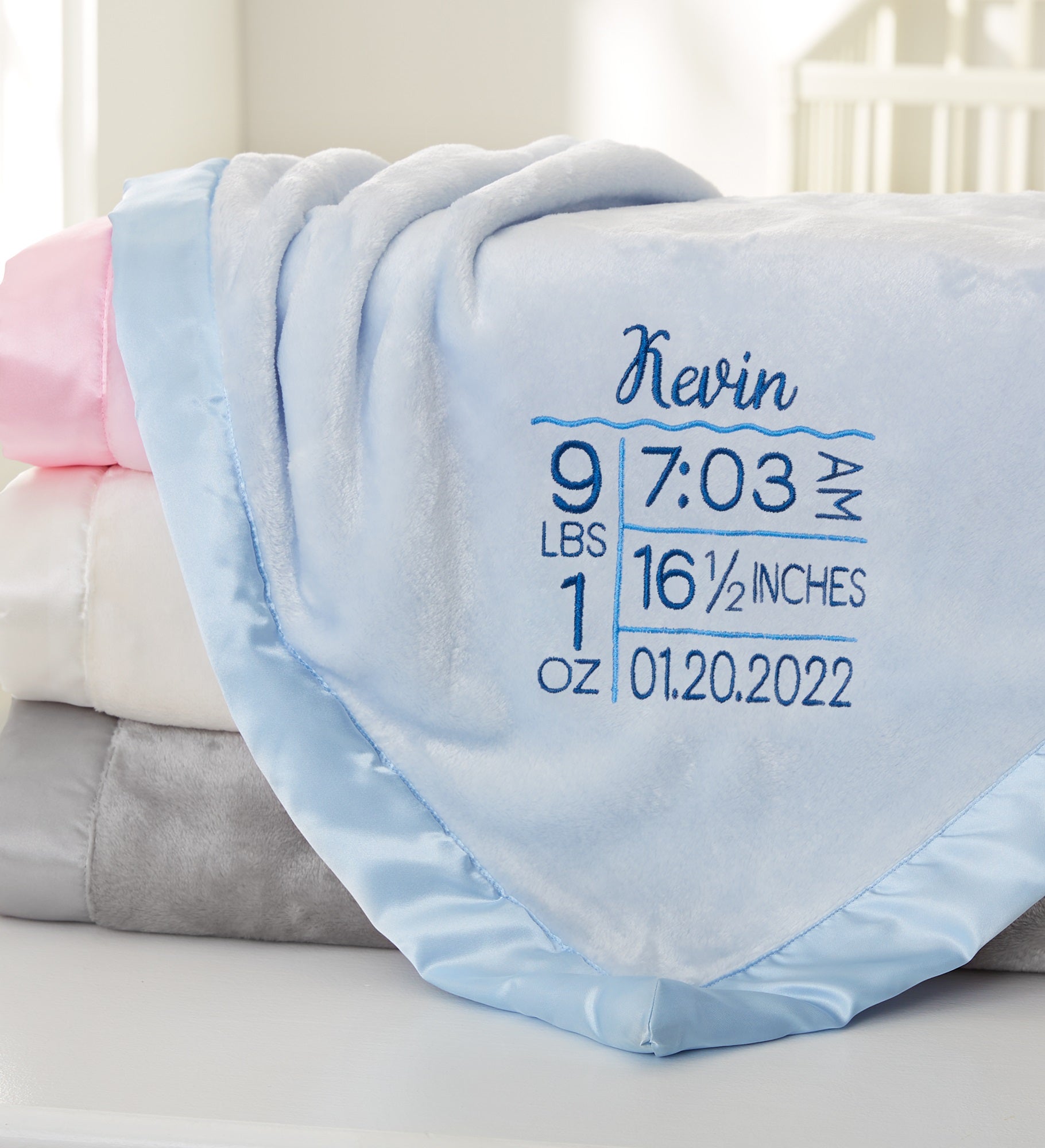 Birth Info Embroidered Satin Trim Baby Blanket