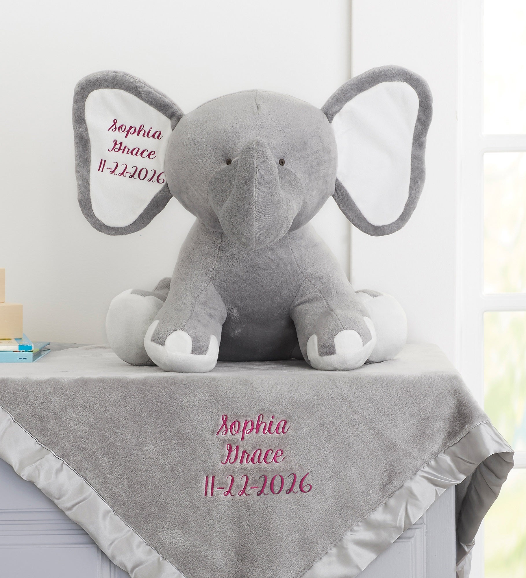 Embroidered Satin Trim Baby Blanket with Jumbo Plush Elephant Set