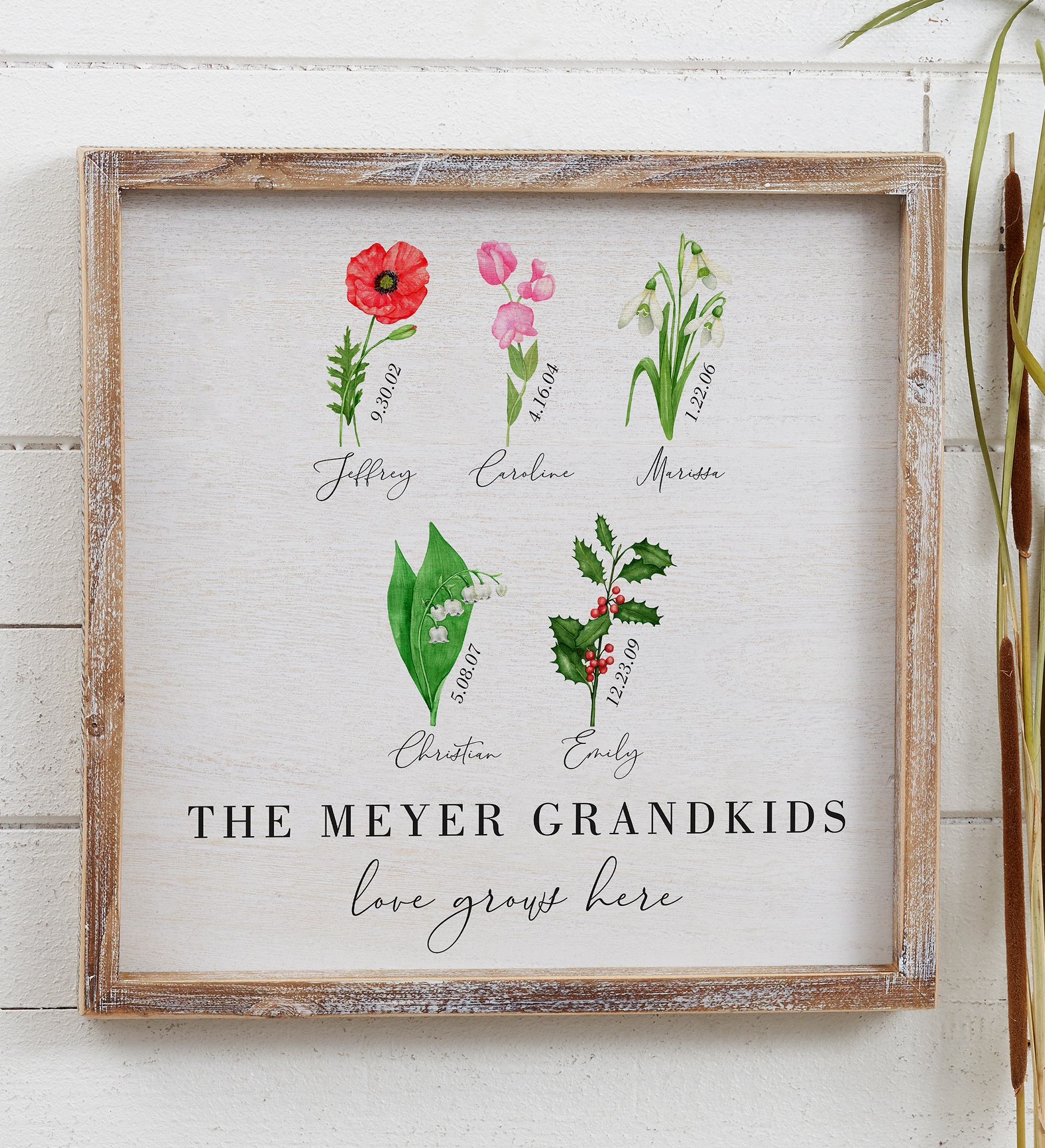 Grandma's Birth Month Flowers Personalized Barnwood Frame Wall Art