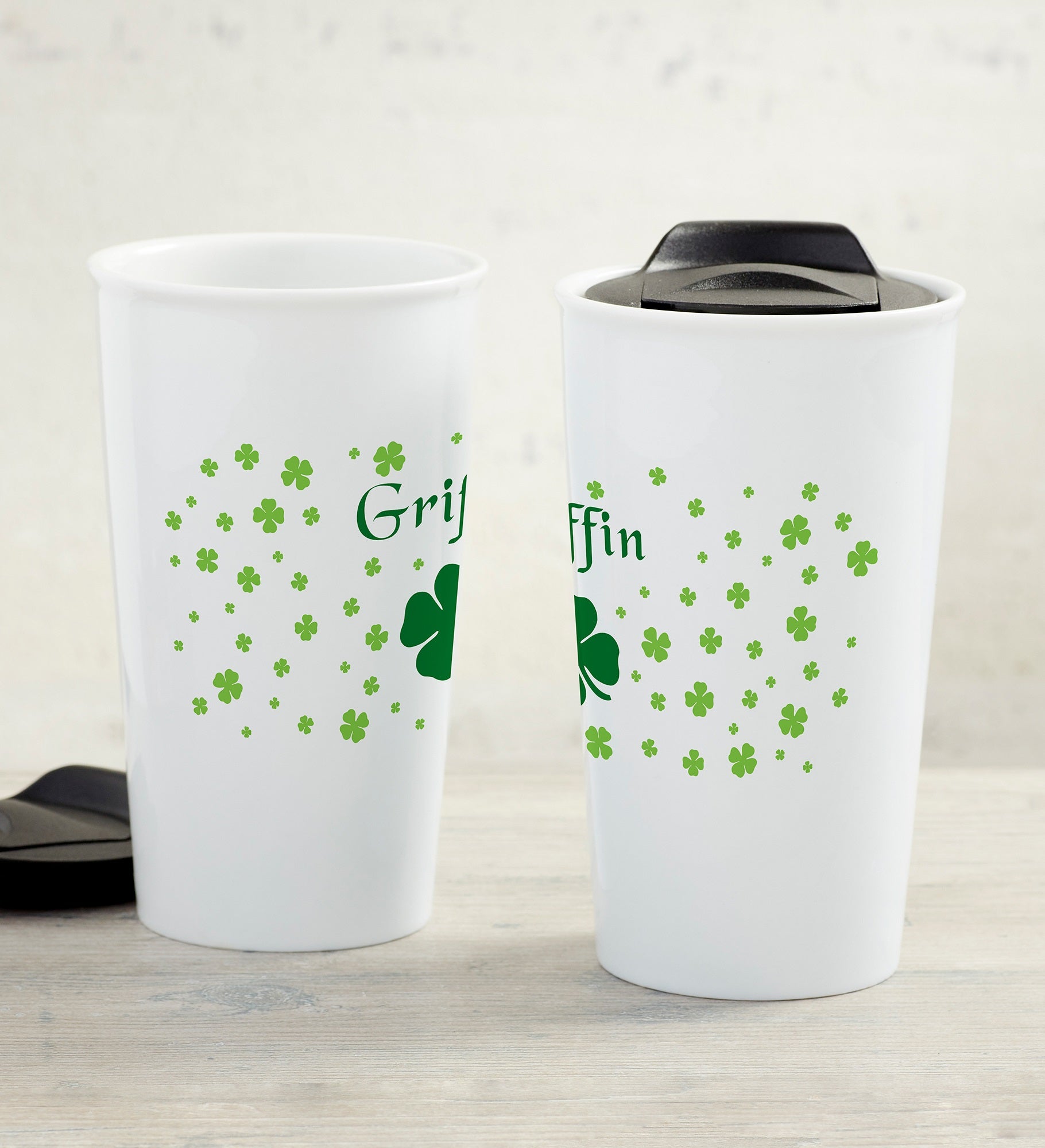 Irish Clover Personalized 12 oz. Double-Wall Ceramic Travel Mug