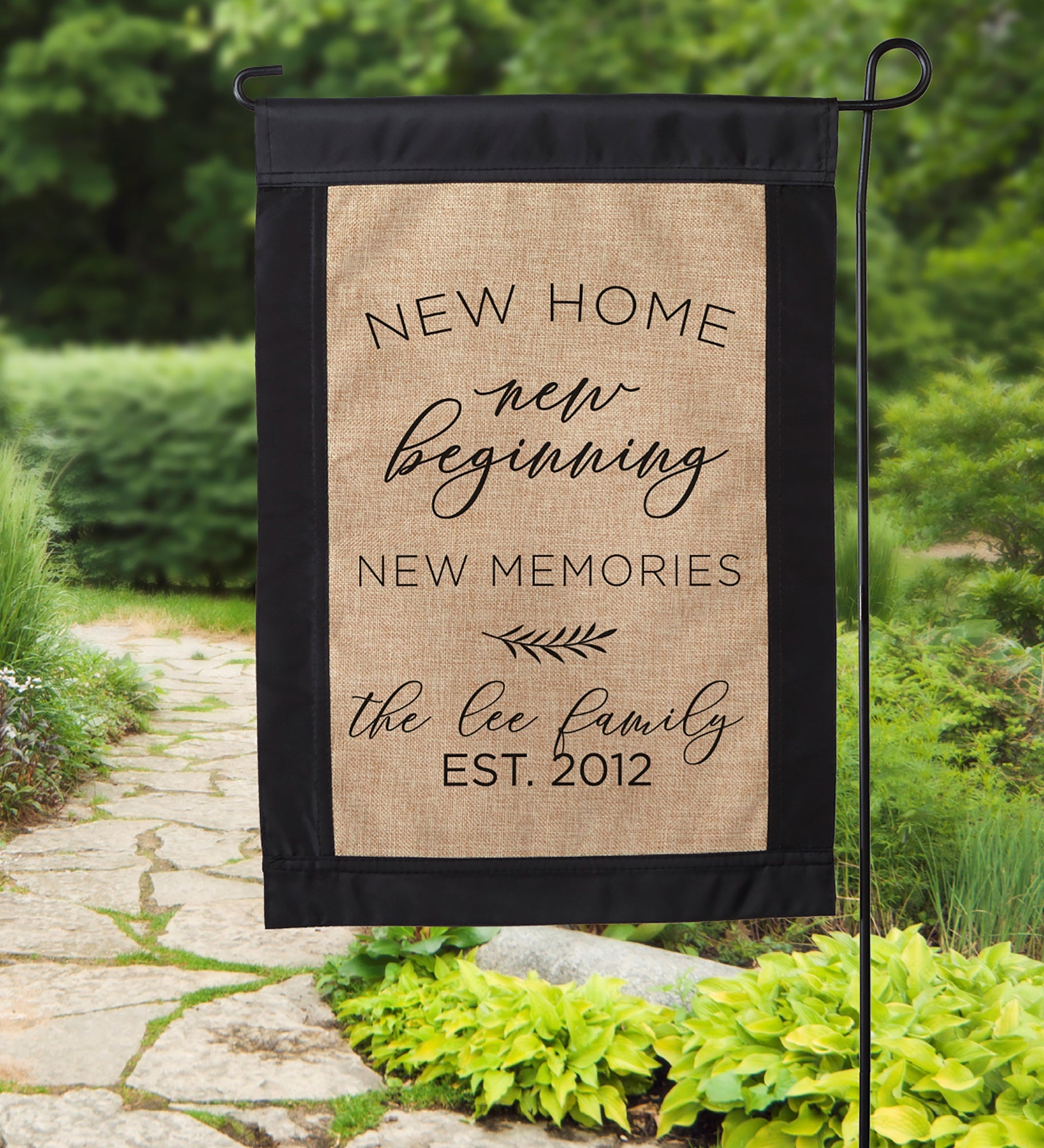 New Home New Memories Personalized Burlap Garden Flag