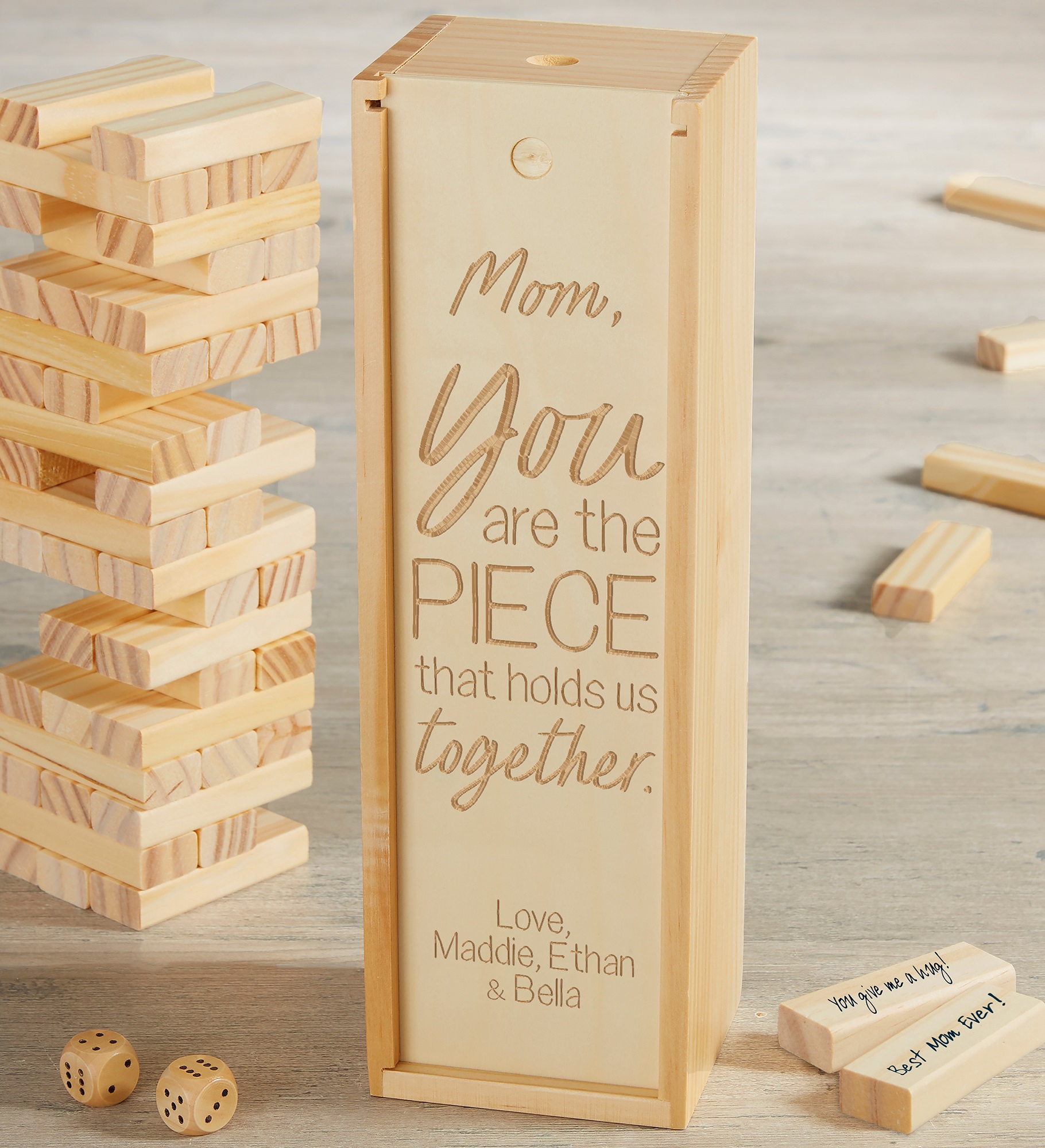 Mom Pieces Our Family Together Personalized Jumbling Tower Game with Wood Case
