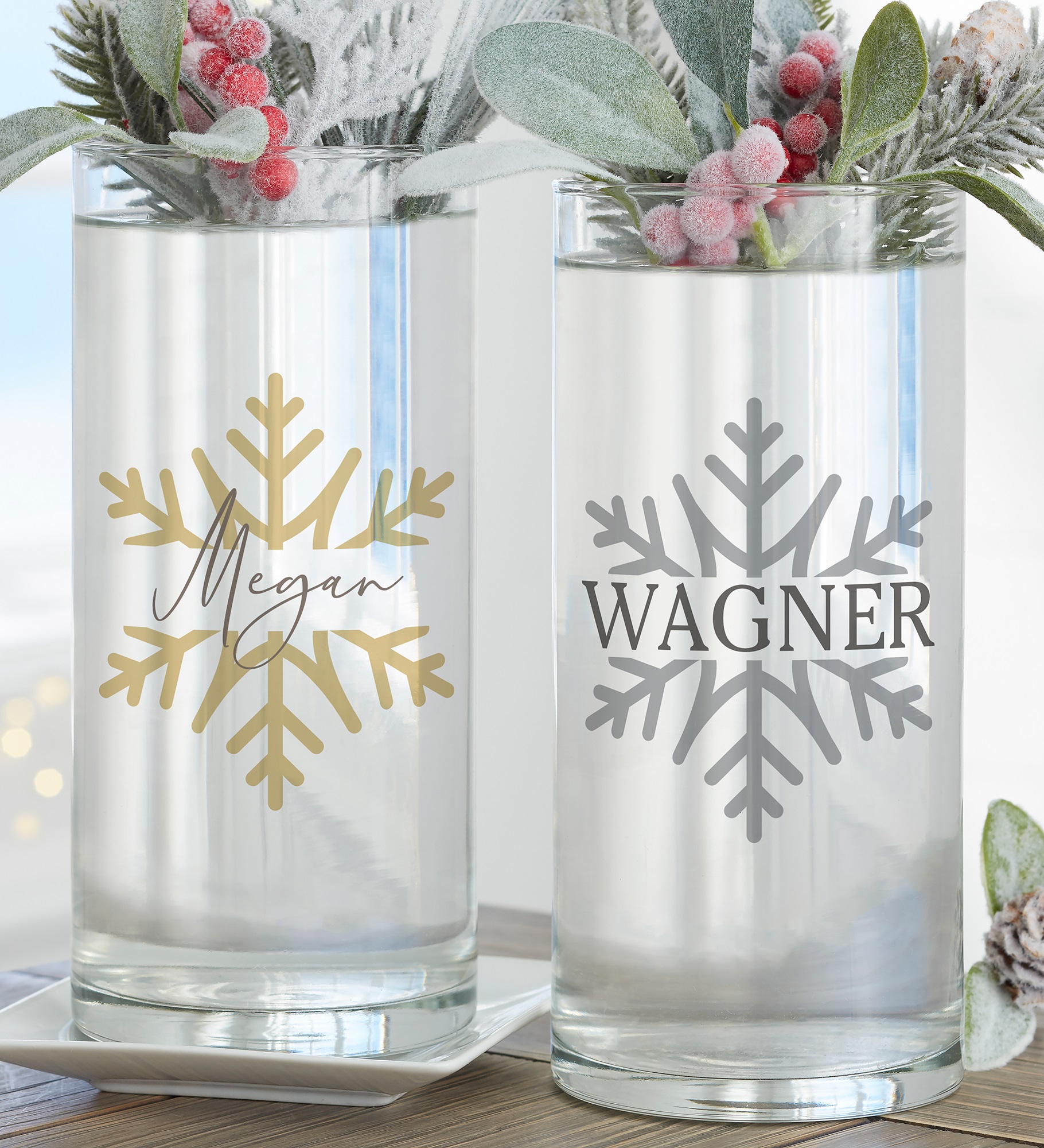Silver and Gold Snowflakes Personalized Cylinder Glass FlowerVase