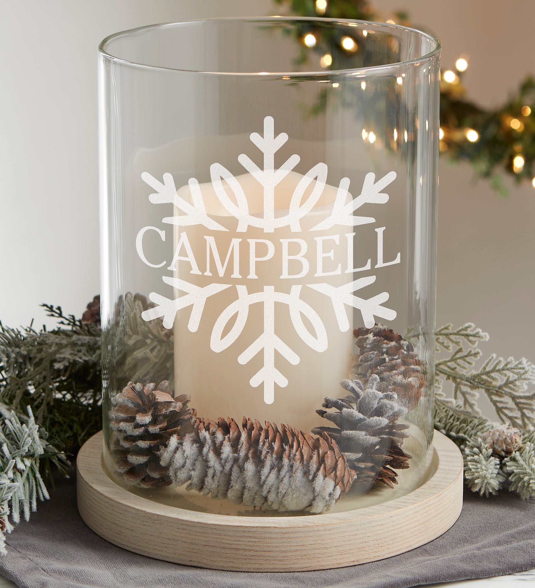Snowflake Etched Hurricane with Whitewashed Wood Base